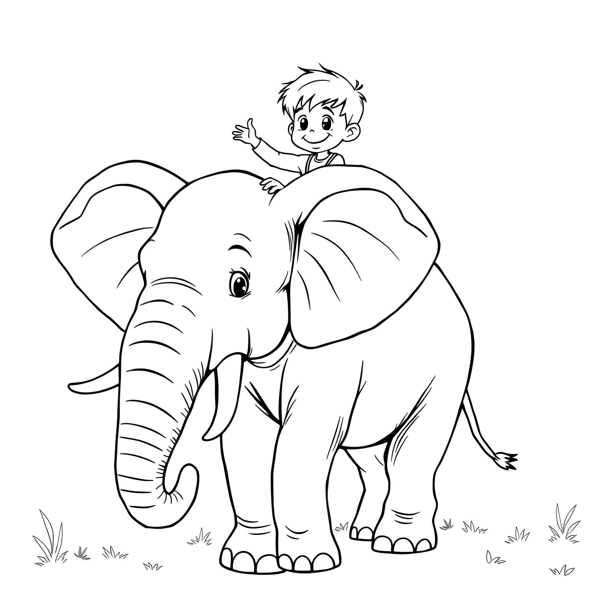Elephant and a happy child Coloring Page (free black-and-white line drawing printable PDF for all, from beginners to advanced learners, including children, teens, adults, and seniors)