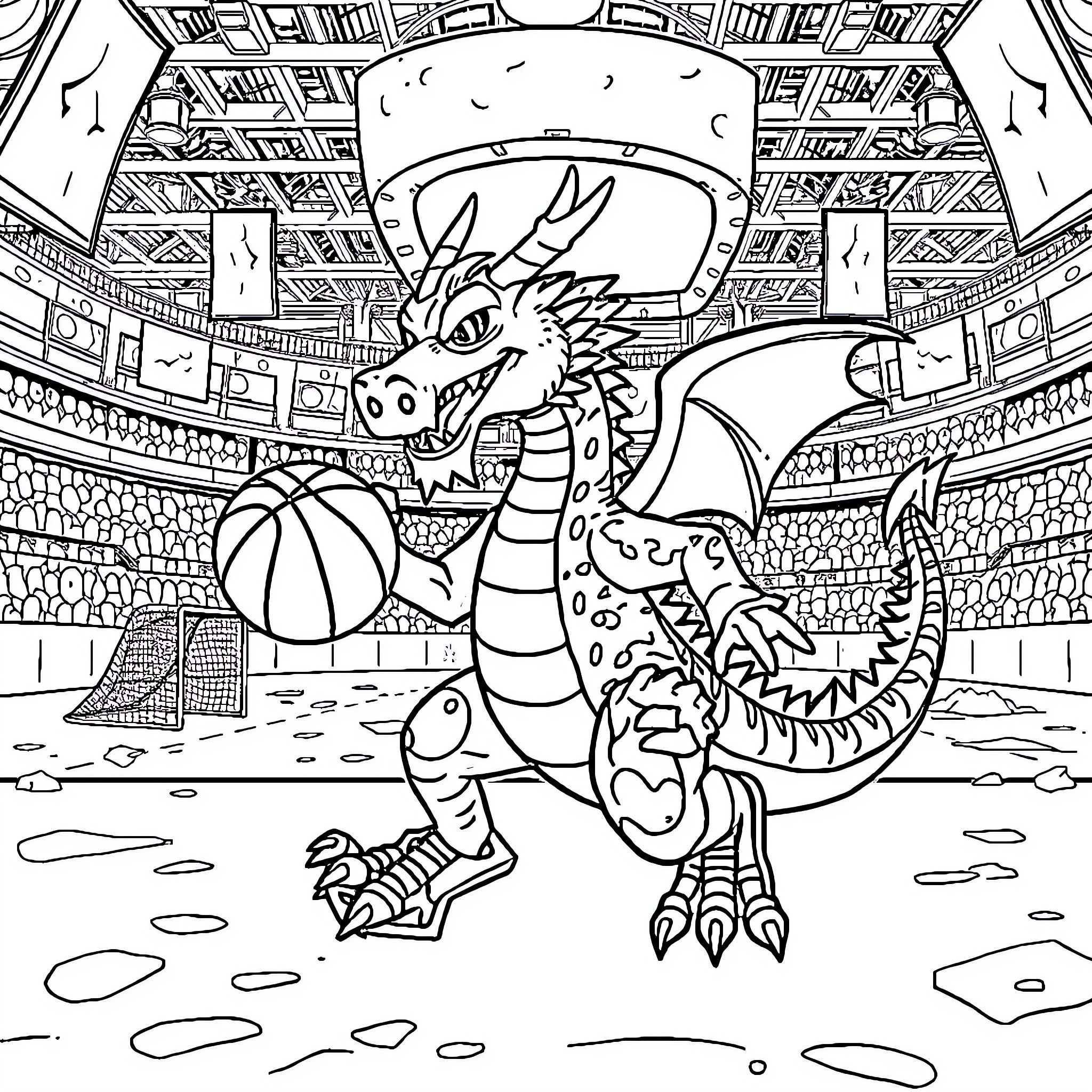 Dragon playing basketball in the stadium Coloring Page (free black-and-white line drawing printable PDF for all, from beginners to advanced learners, including children, teens, adults, and seniors)