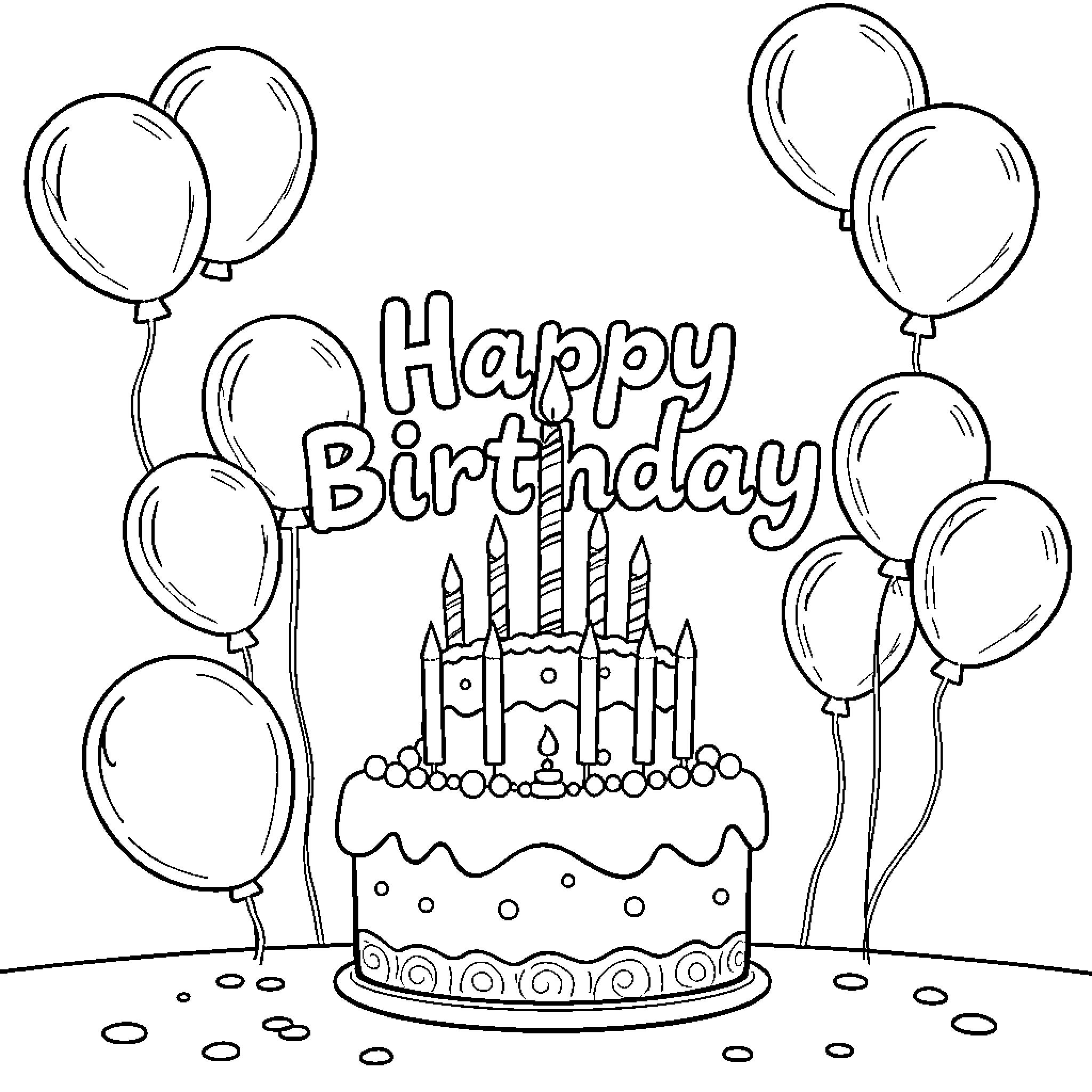 Birthday celebration with cake and balloons Coloring Page (free black-and-white line drawing printable PDF for all, from beginners to advanced learners, including children, teens, adults, and seniors)