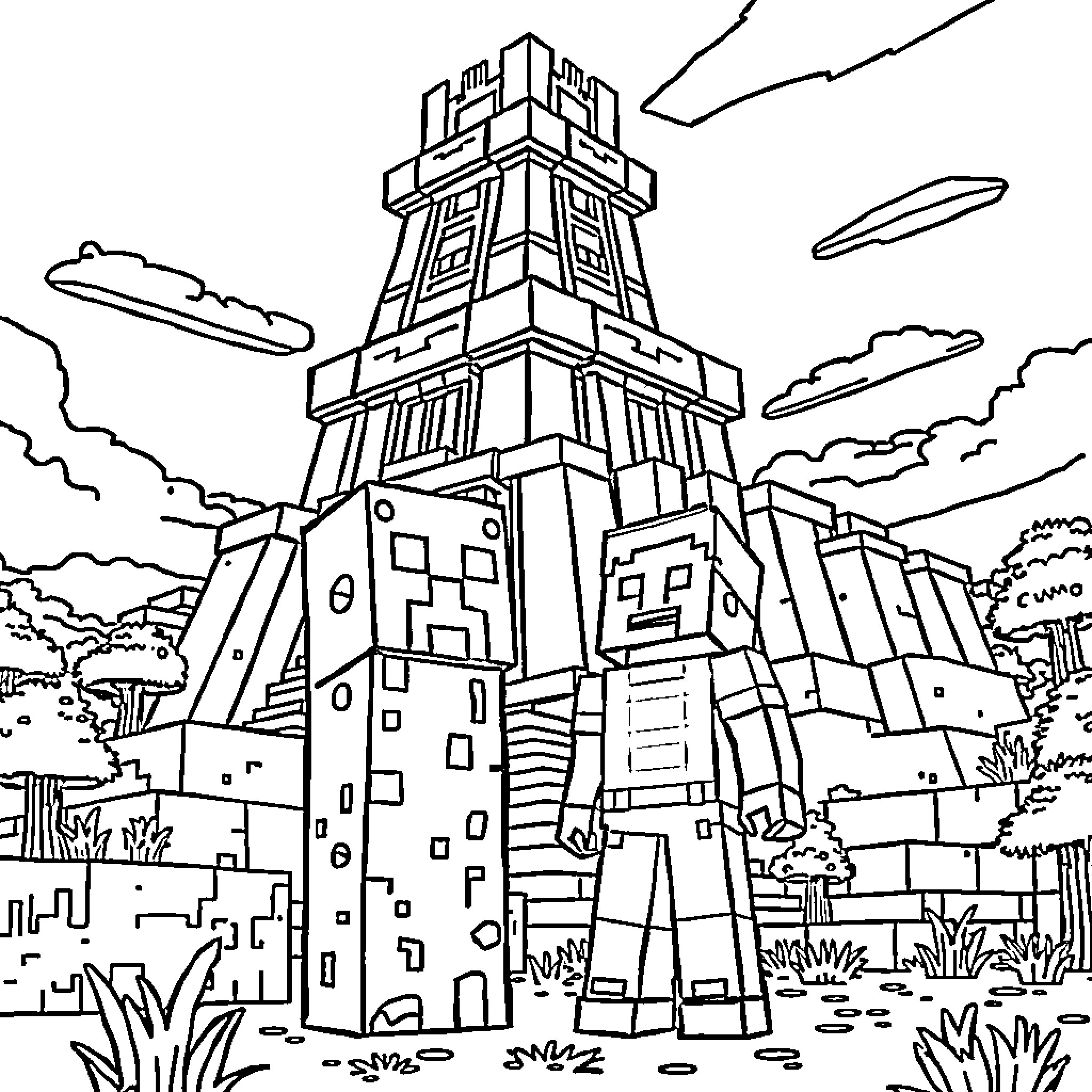 Creeper Explores Ancient Ruins Amidst Towering Architecture Coloring Page (free black-and-white line drawing printable PDF for all, from beginners to advanced learners, including children, teens, adults, and seniors)