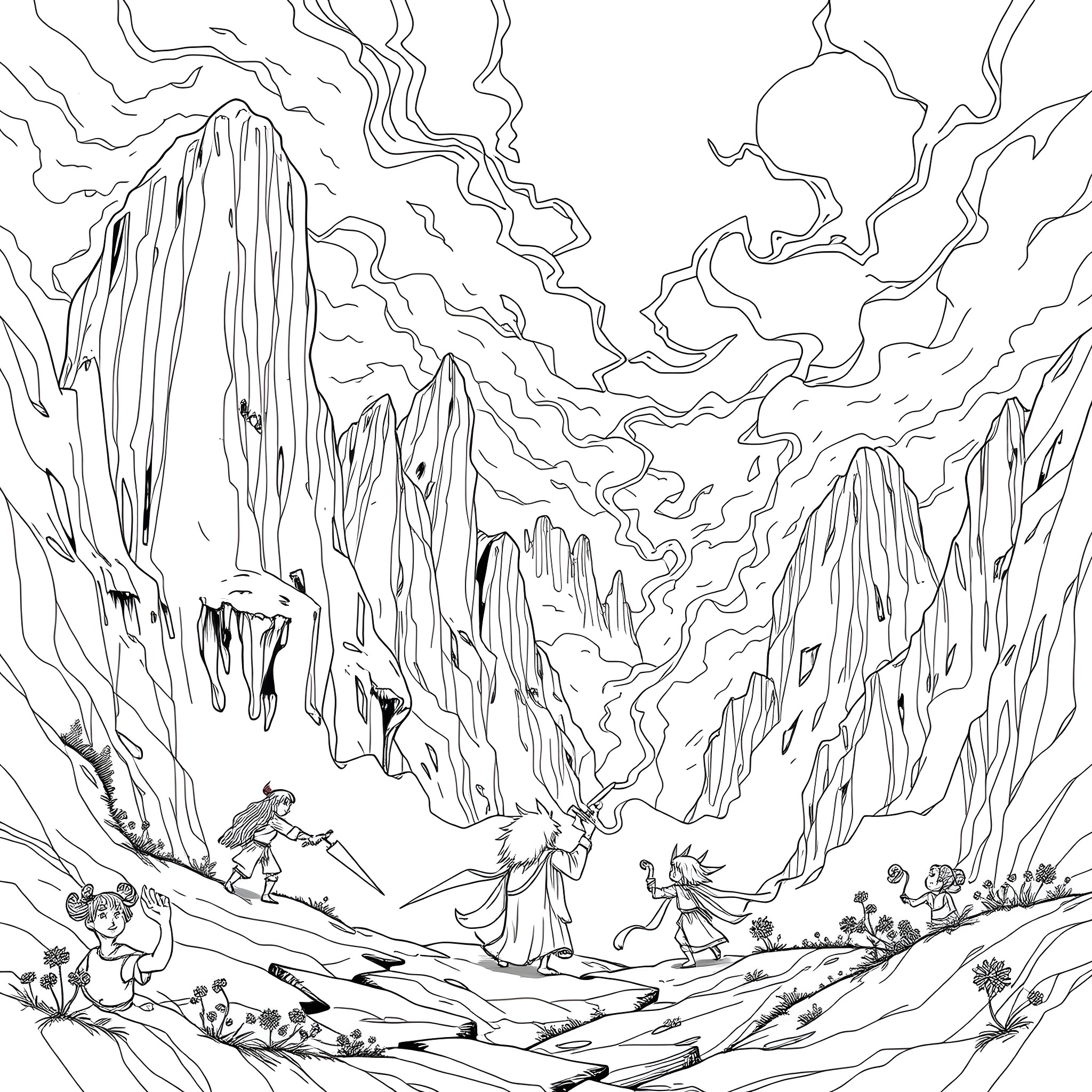 Duel of Elemental Spirits in Mystical Landscape Coloring Page (free black-and-white line drawing printable PDF for all, from beginners to advanced learners, including children, teens, adults, and seniors)