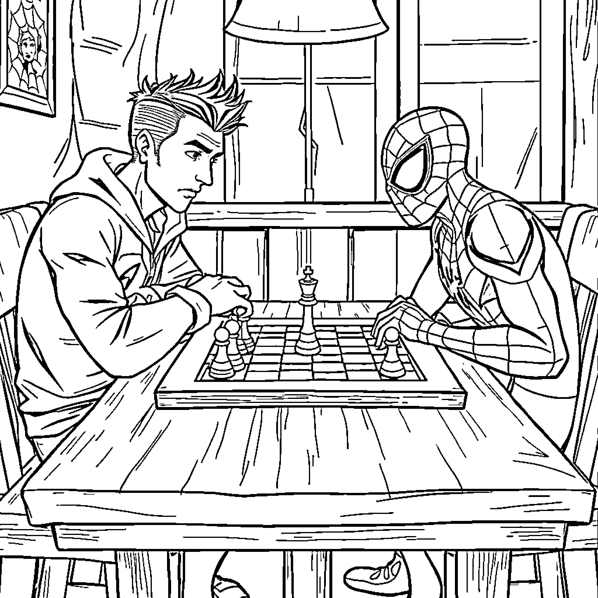 Chess match between a man and Spiderman Coloring Page (free black-and-white line drawing printable PDF for all, from beginners to advanced learners, including children, teens, adults, and seniors)