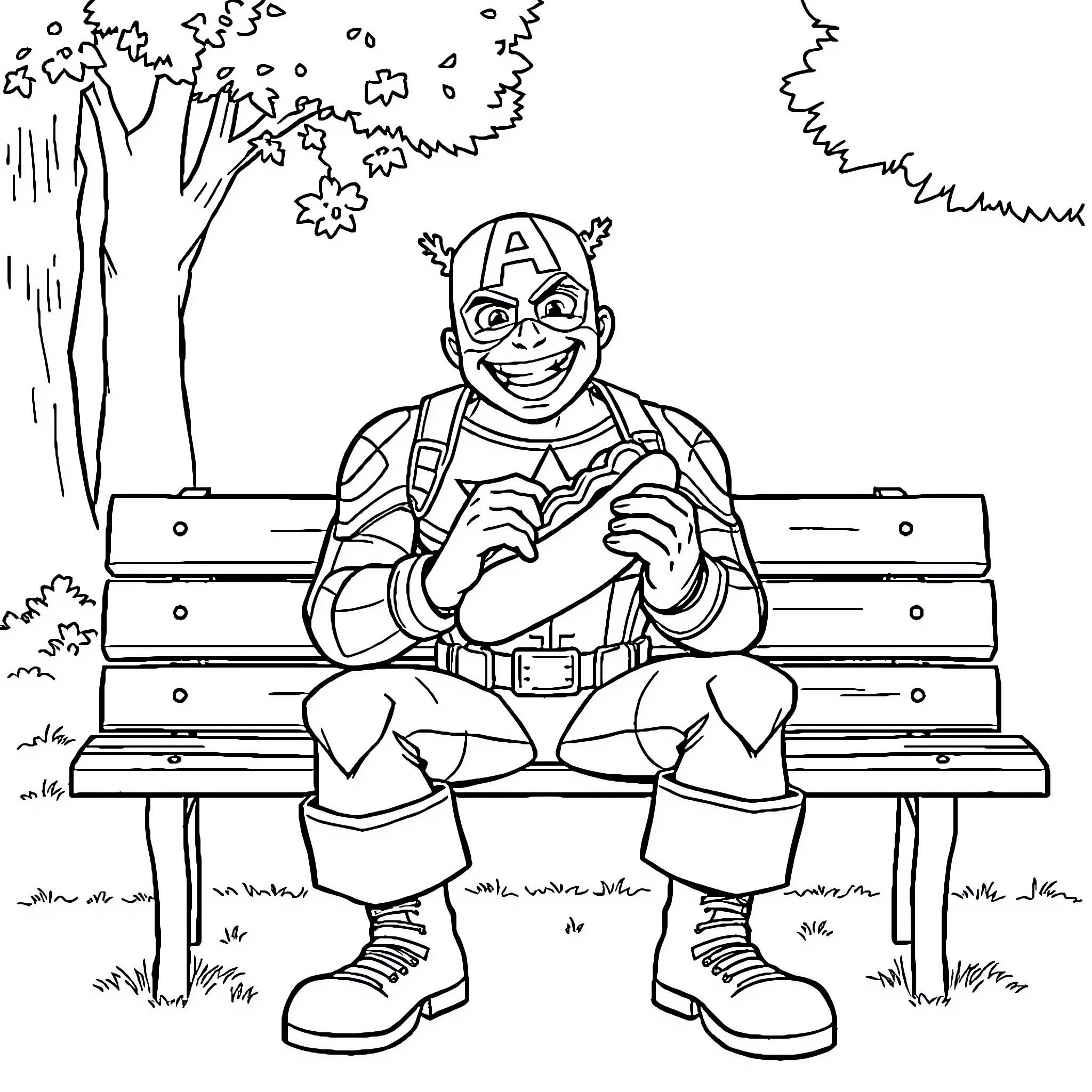 Captain America relaxing on a park bench Coloring Page (free black-and-white line drawing printable PDF for all, from beginners to advanced learners, including children, teens, adults, and seniors)