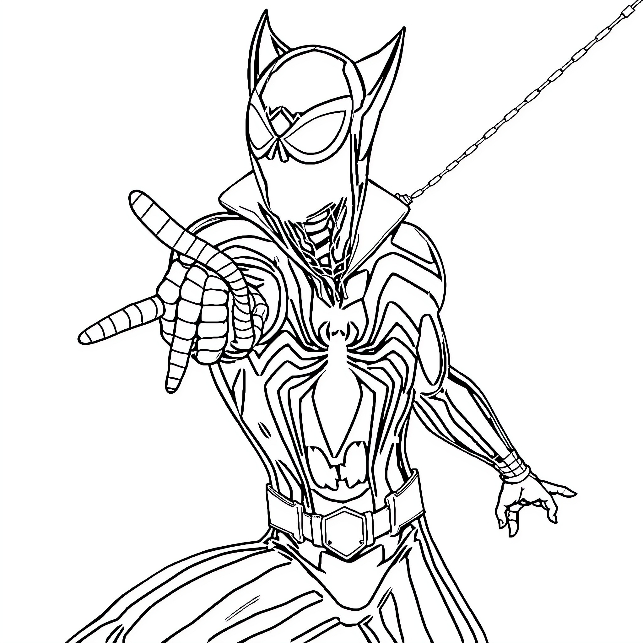 Spiderman in action-packed superhero pose Coloring Page (free black-and-white line drawing printable PDF for all, from beginners to advanced learners, including children, teens, adults, and seniors)