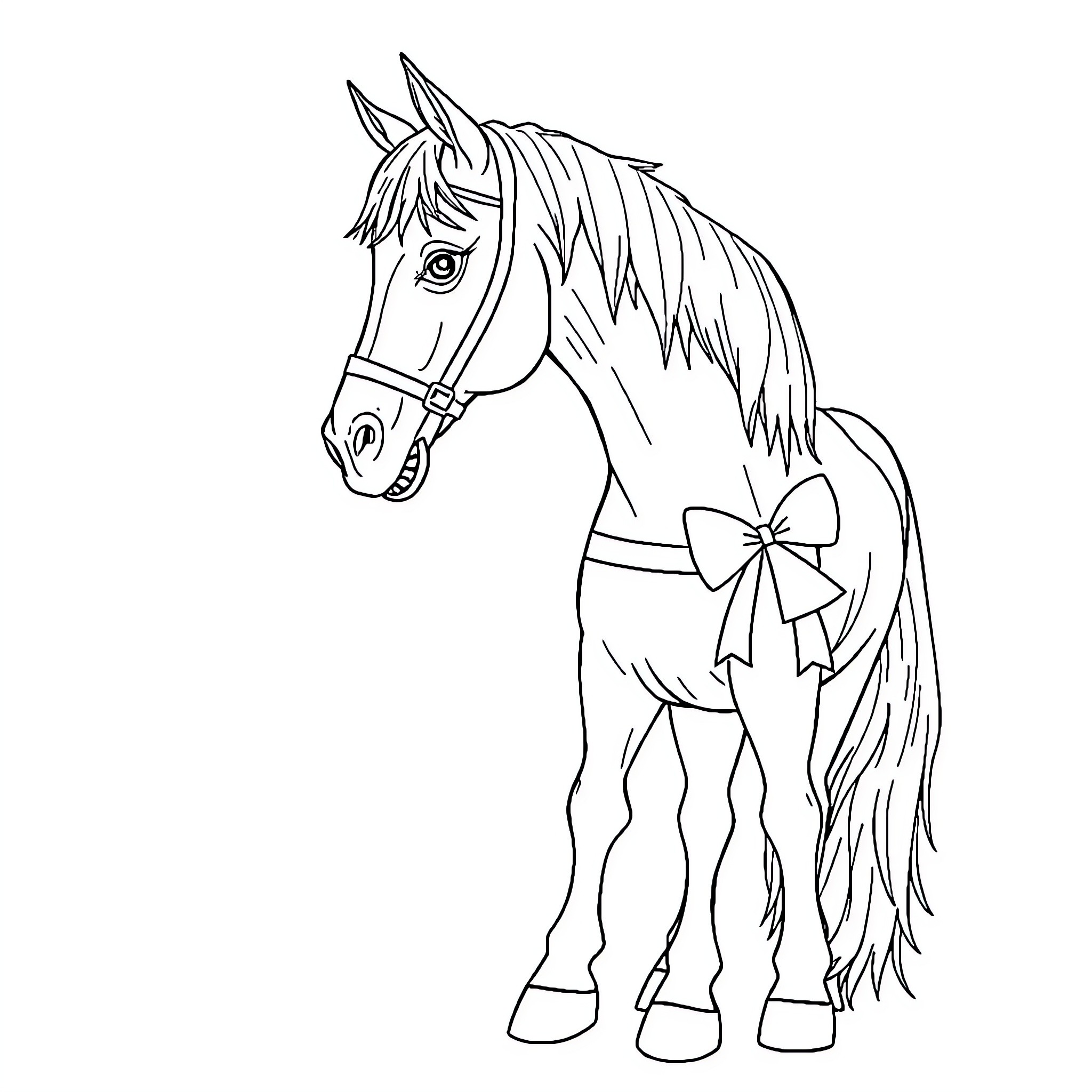 Caballo with a decorative bow Coloring Page (free black-and-white line drawing printable PDF for all, from beginners to advanced learners, including children, teens, adults, and seniors)