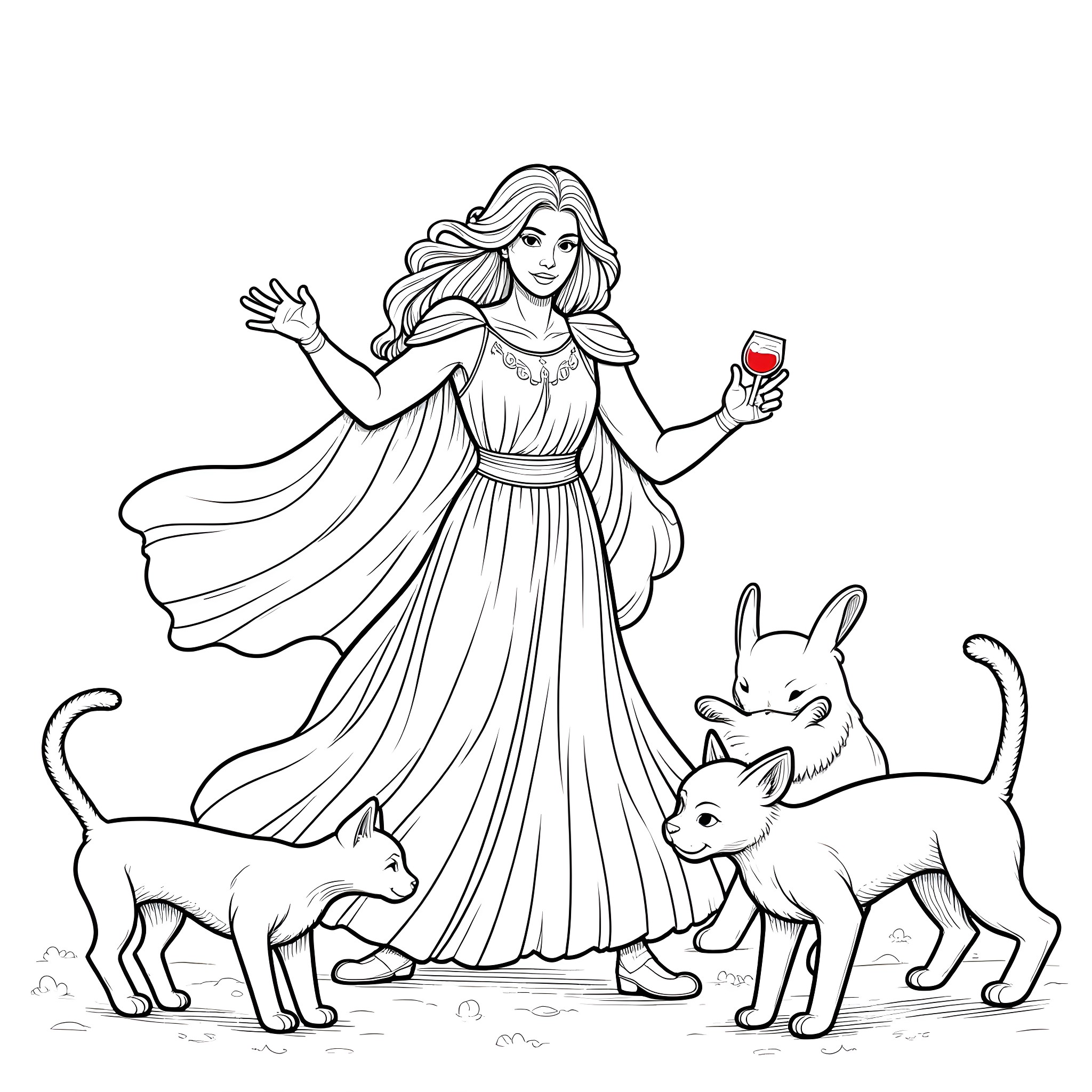 Medea surrounded by her mythical animal companions Coloring Page (free black-and-white line drawing printable PDF for all, from beginners to advanced learners, including children, teens, adults, and seniors)