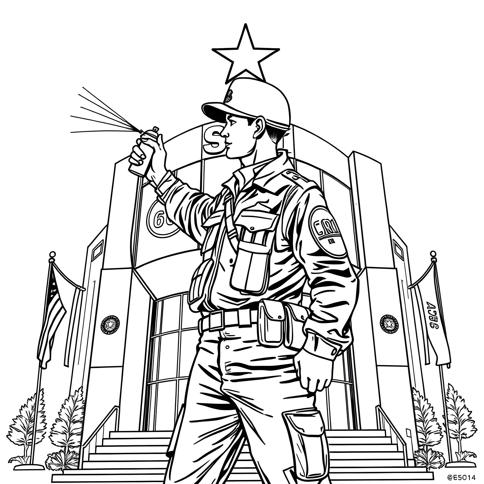Army Recruiter Presenting Opportunities at Military Outpost Coloring Page (free black-and-white line drawing printable PDF for all, from beginners to advanced learners, including children, teens, adults, and seniors)