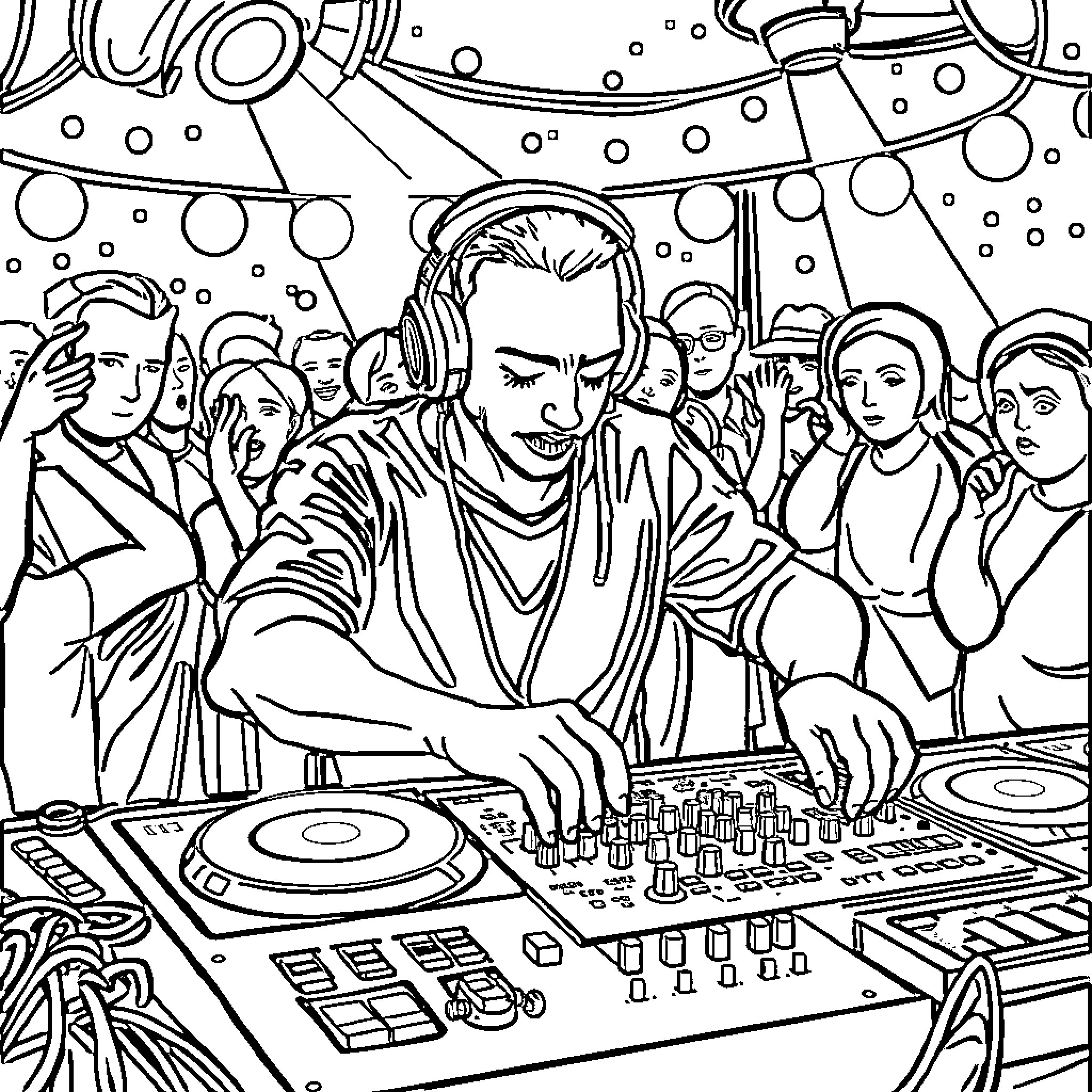 DJ Performing Before Lively Crowd Coloring Page (free black-and-white line drawing printable PDF for all, from beginners to advanced learners, including children, teens, adults, and seniors)