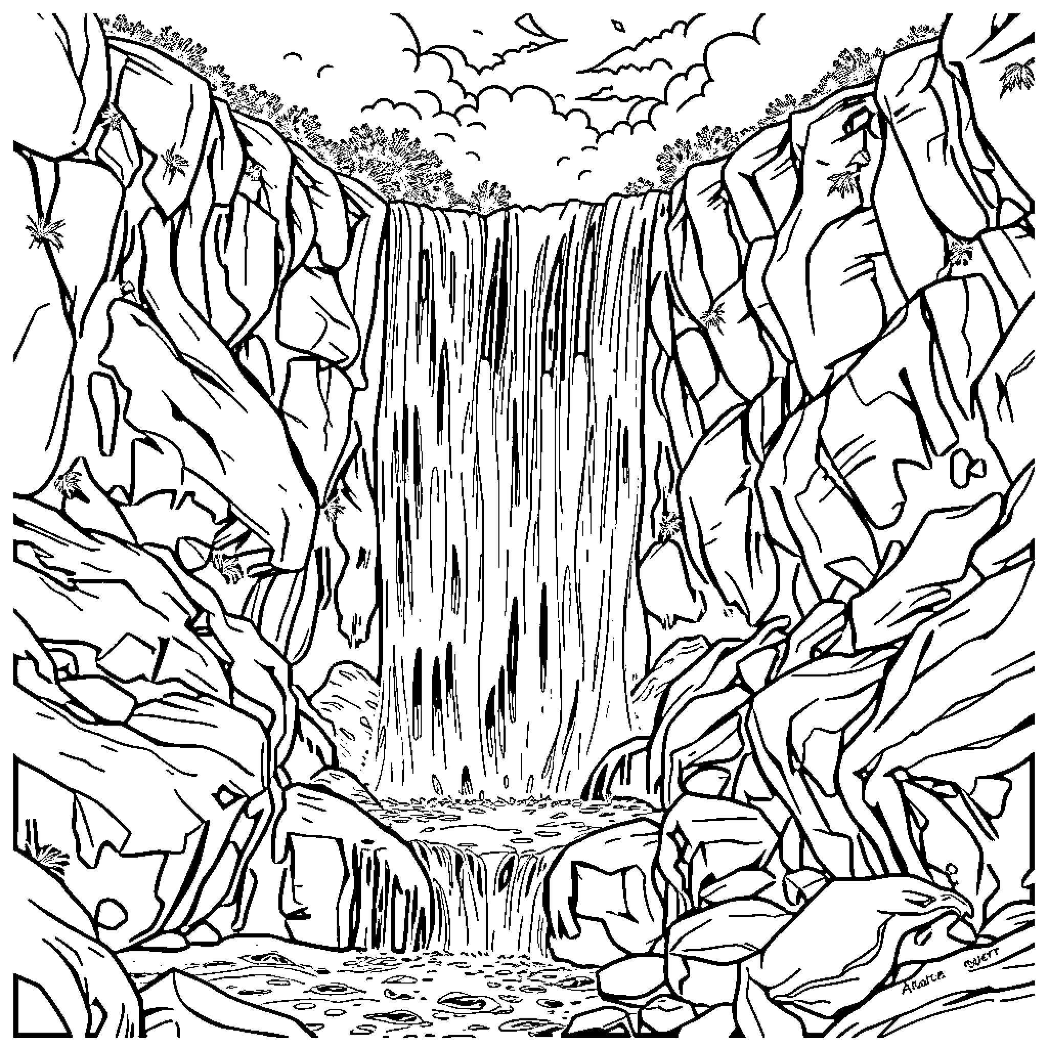 Waterfall surrounded by rugged cliffs and nature Coloring Page (free black-and-white line drawing printable PDF for all, from beginners to advanced learners, including children, teens, adults, and seniors)