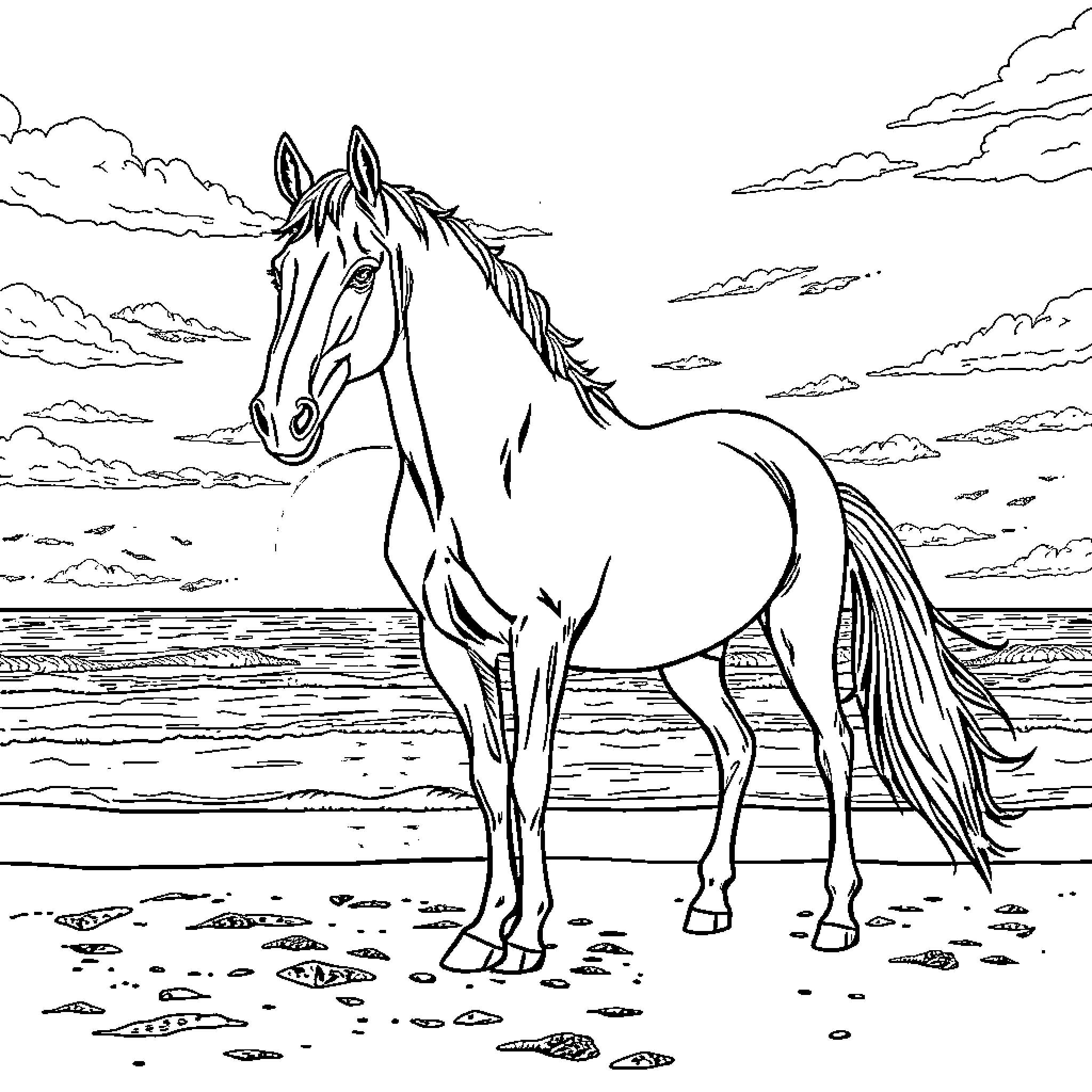 Horse galloping through scenic landscape Coloring Page (free black-and-white line drawing printable PDF for all, from beginners to advanced learners, including children, teens, adults, and seniors)