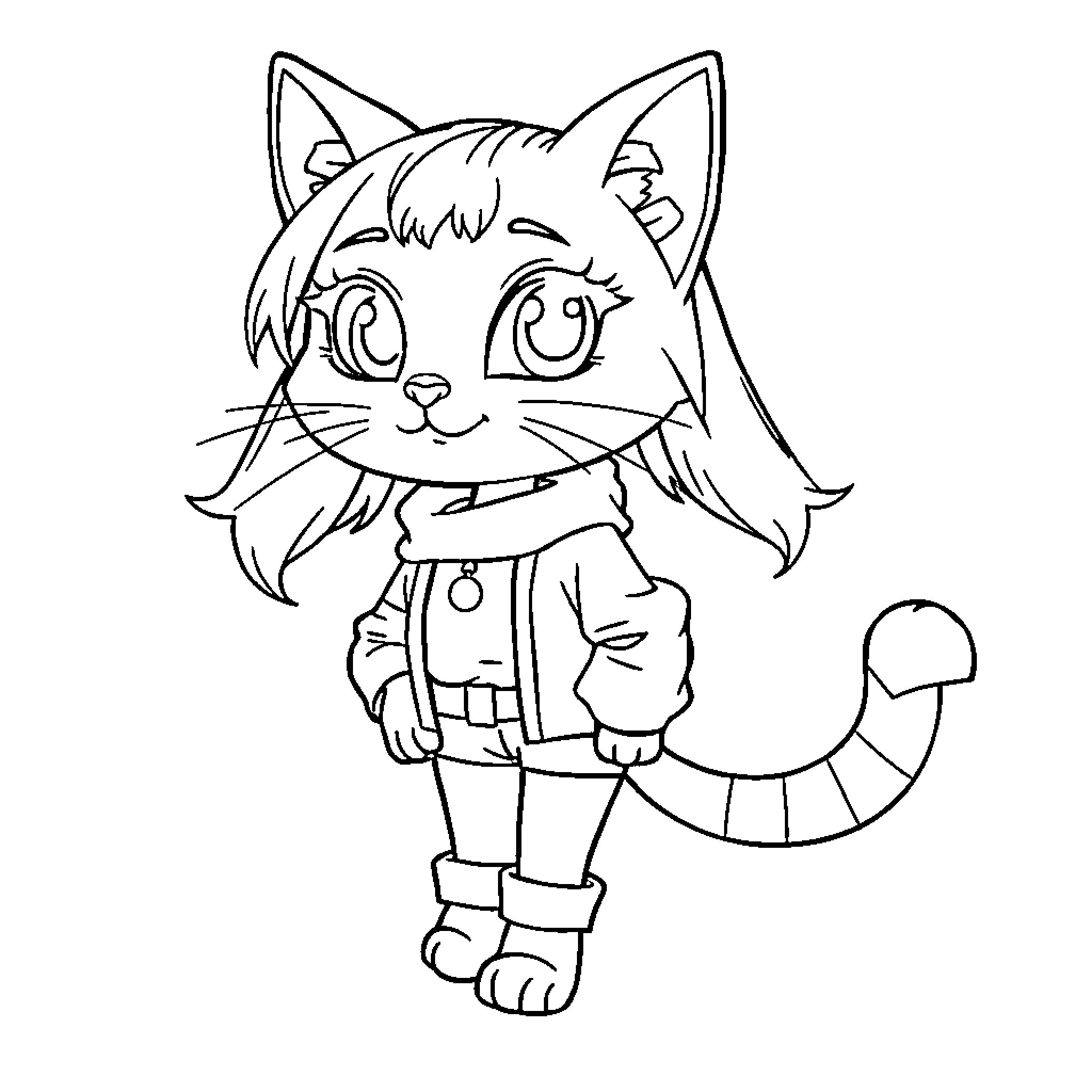 Cat Girl in Casual Outfit Coloring Page (free black-and-white line drawing printable PDF for all, from beginners to advanced learners, including children, teens, adults, and seniors)