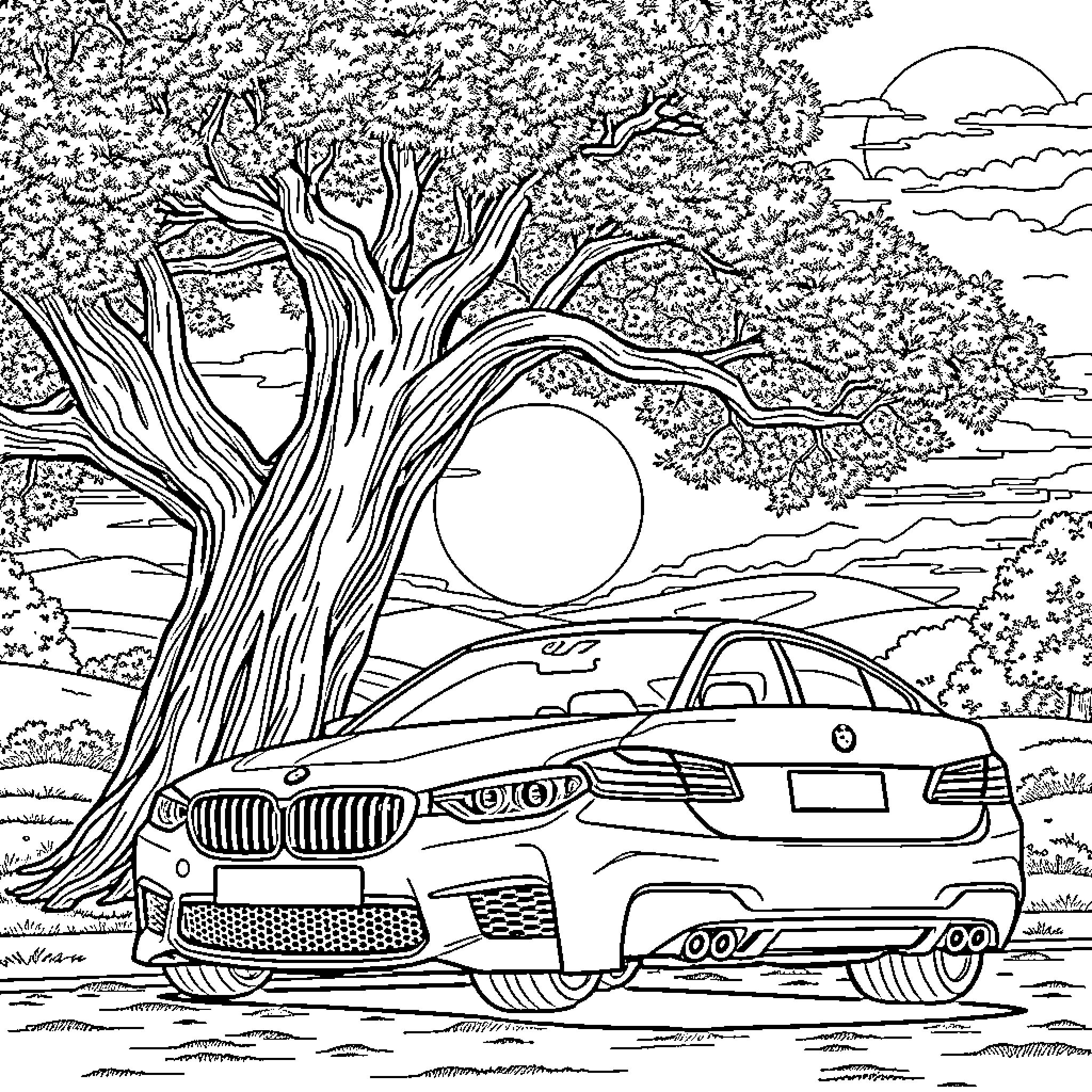 BMW M5 parked in scenic nature landscape Coloring Page (free black-and-white line drawing printable PDF for all, from beginners to advanced learners, including children, teens, adults, and seniors)