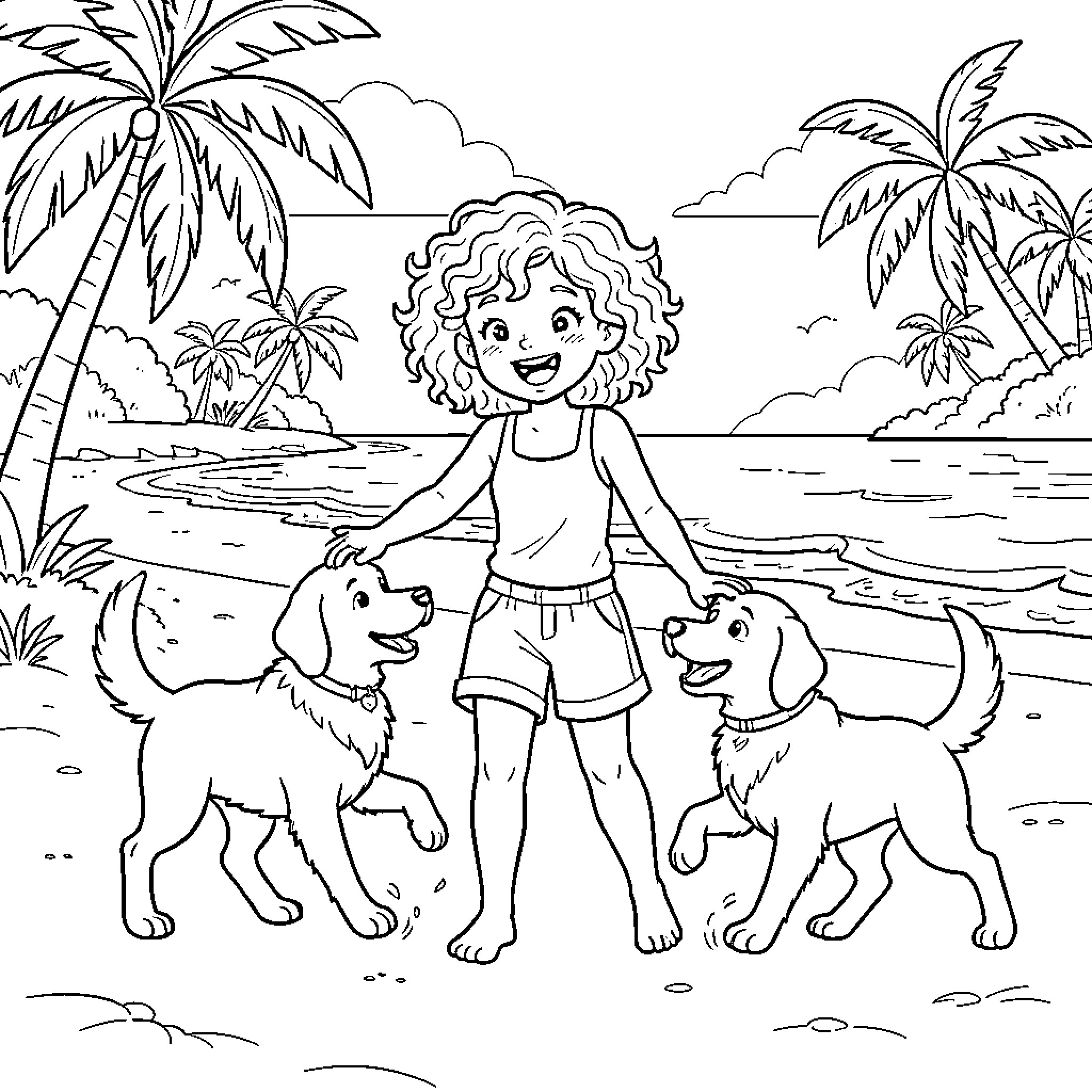Girl playing with dogs on the beach Coloring Page (free black-and-white line drawing printable PDF for all, from beginners to advanced learners, including children, teens, adults, and seniors)