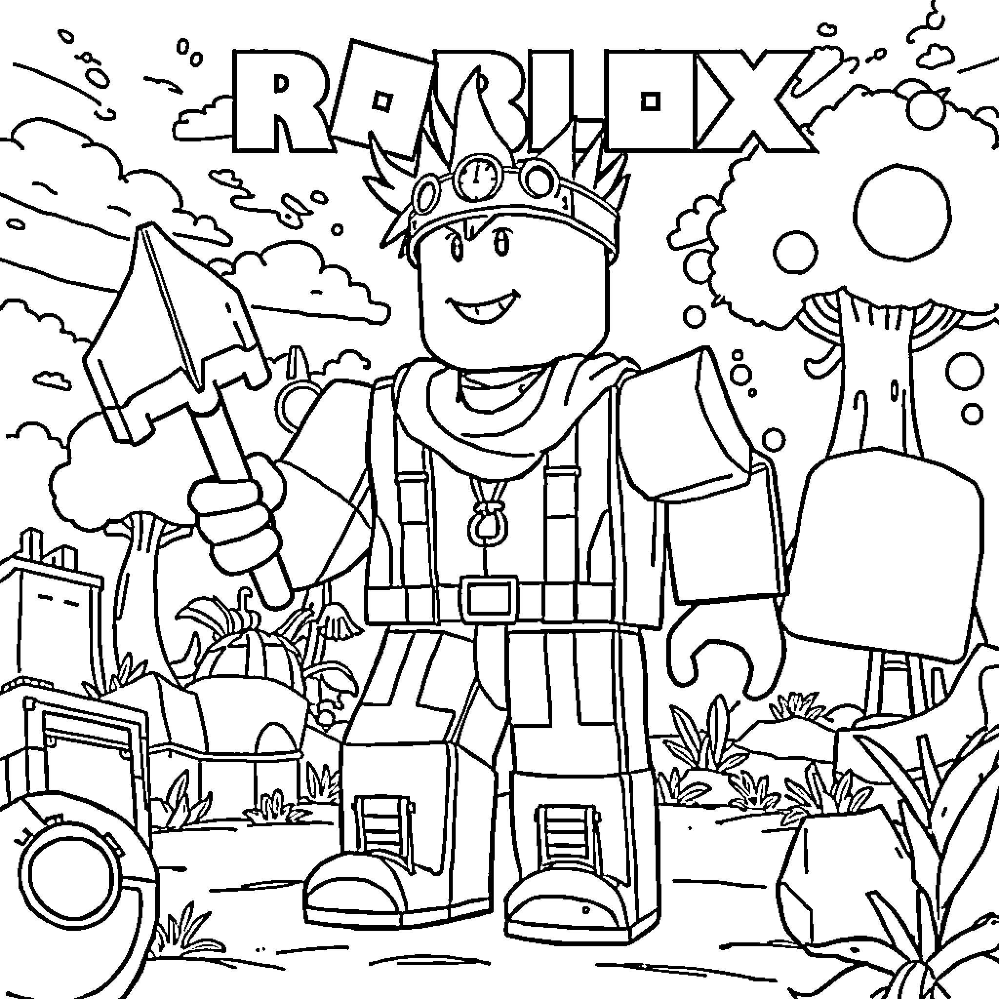 Roblox character exploring the game world Coloring Page (free black-and-white line drawing printable PDF for all, from beginners to advanced learners, including children, teens, adults, and seniors)