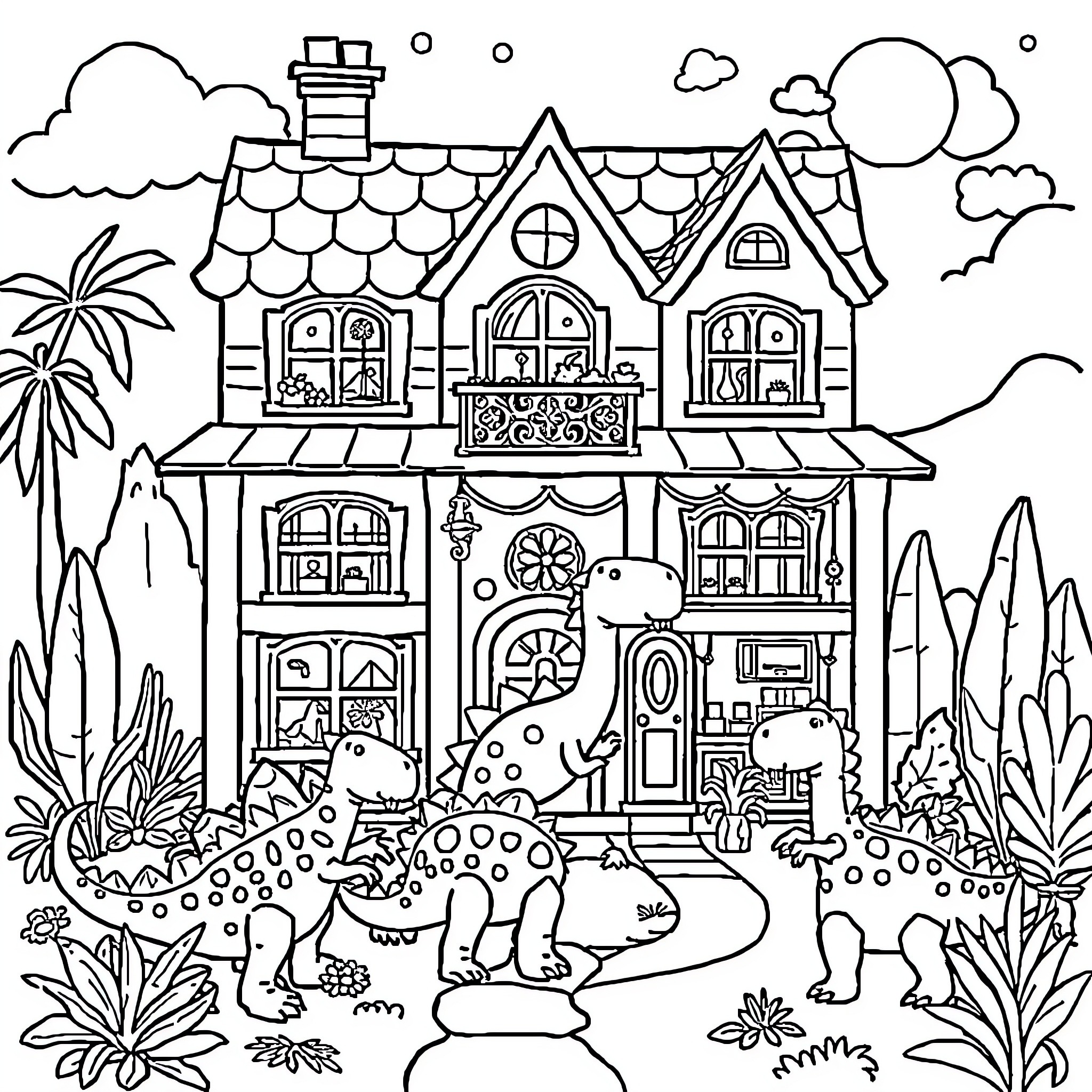 Dinosaurs Explore Whimsical Cottage Landscape Coloring Page (free black-and-white line drawing printable PDF for all, from beginners to advanced learners, including children, teens, adults, and seniors)