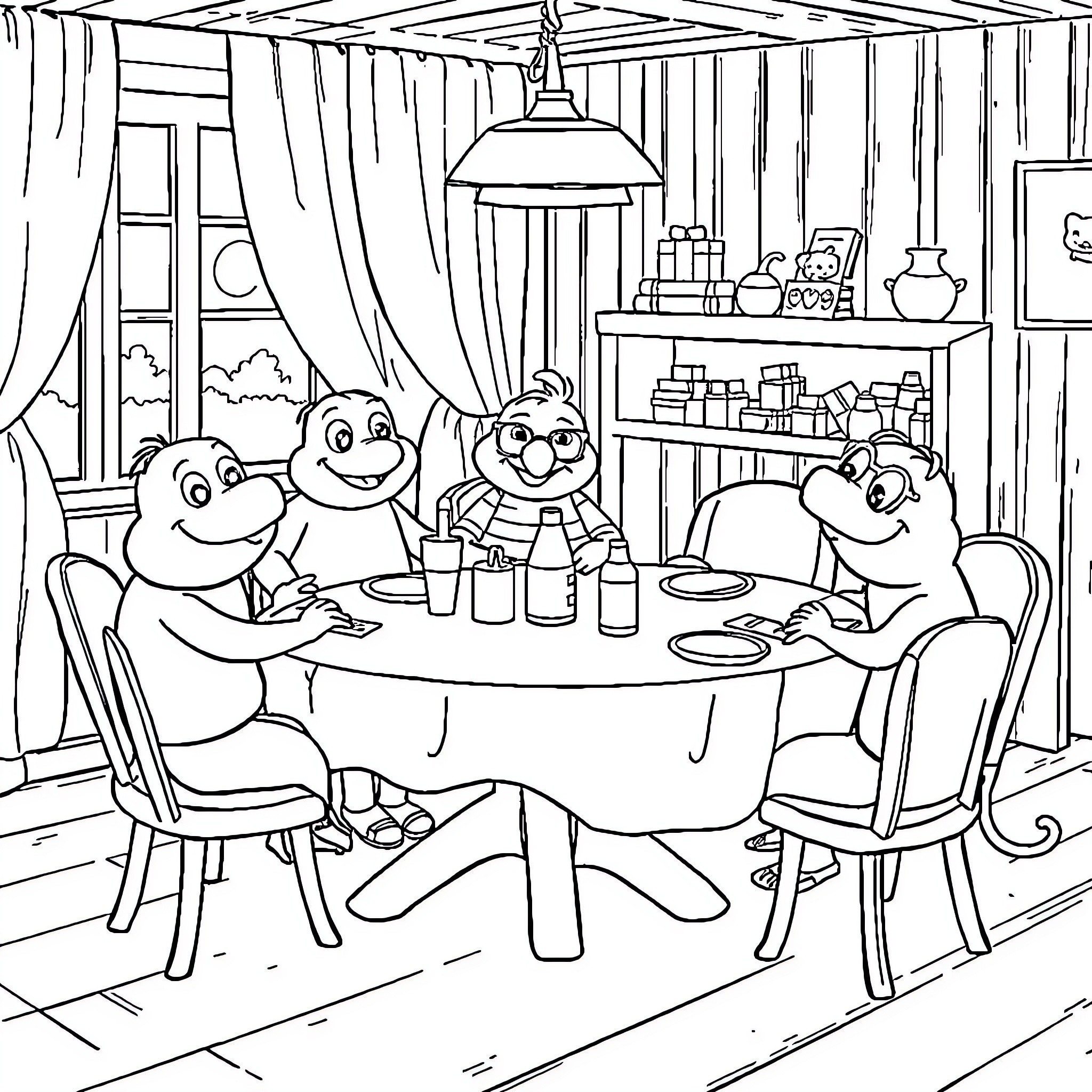 Paw Patrol friends enjoying a cozy meal together Coloring Page (free black-and-white line drawing printable PDF for all, from beginners to advanced learners, including children, teens, adults, and seniors)