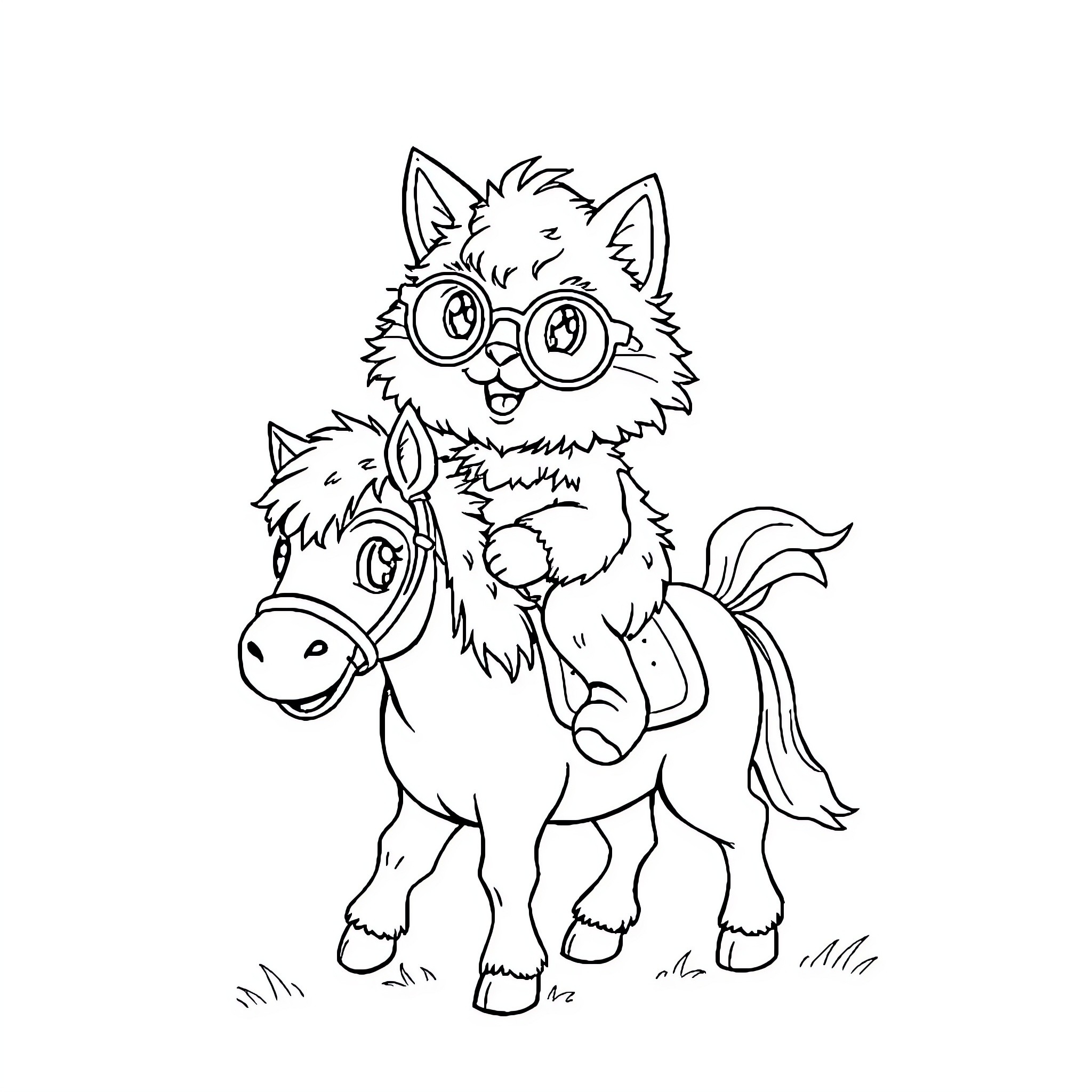 Cat riding a friendly pony with glasses Coloring Page (free black-and-white line drawing printable PDF for all, from beginners to advanced learners, including children, teens, adults, and seniors)