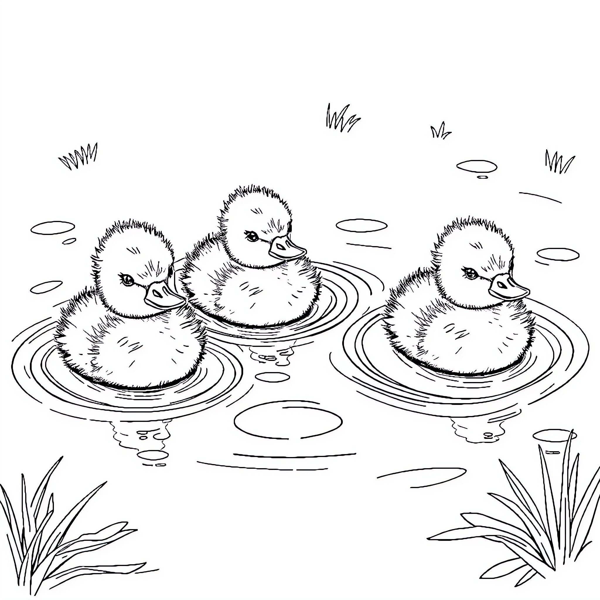 Ducklings swimming cheerfully in the pond Coloring Page (free black-and-white line drawing printable PDF for all, from beginners to advanced learners, including children, teens, adults, and seniors)