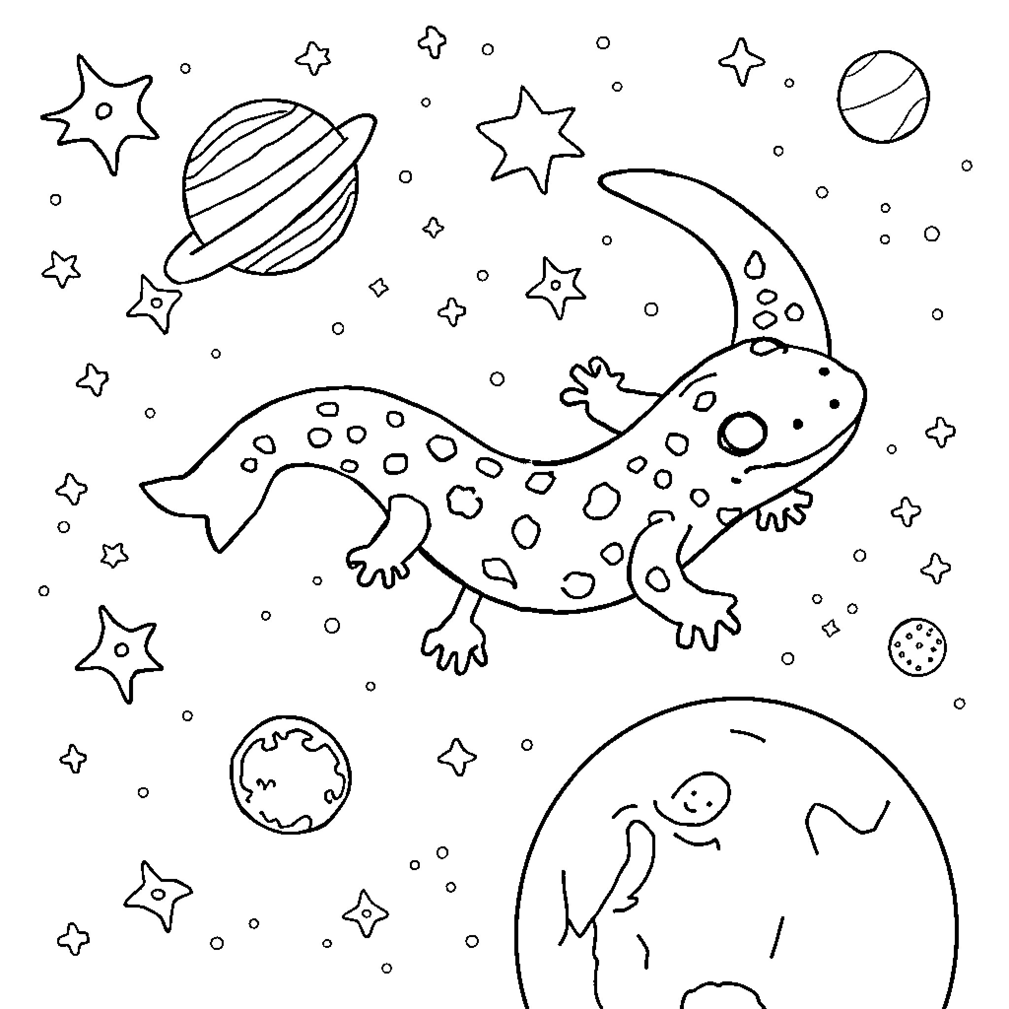 Axolotl exploring the cosmic landscape Coloring Page (free black-and-white line drawing printable PDF for all, from beginners to advanced learners, including children, teens, adults, and seniors)