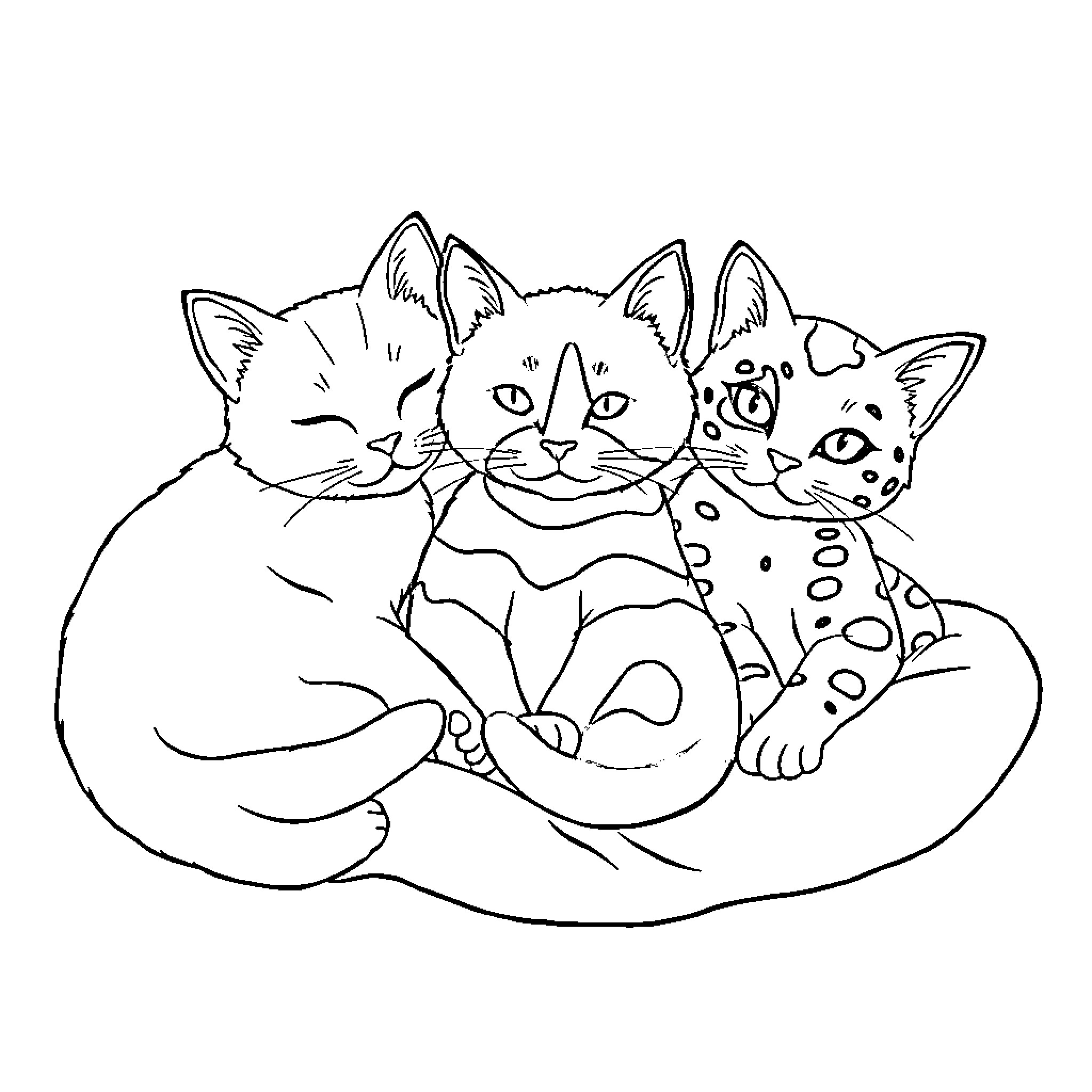 Cats cuddling together in cute pose Coloring Page (free black-and-white line drawing printable PDF for all, from beginners to advanced learners, including children, teens, adults, and seniors)