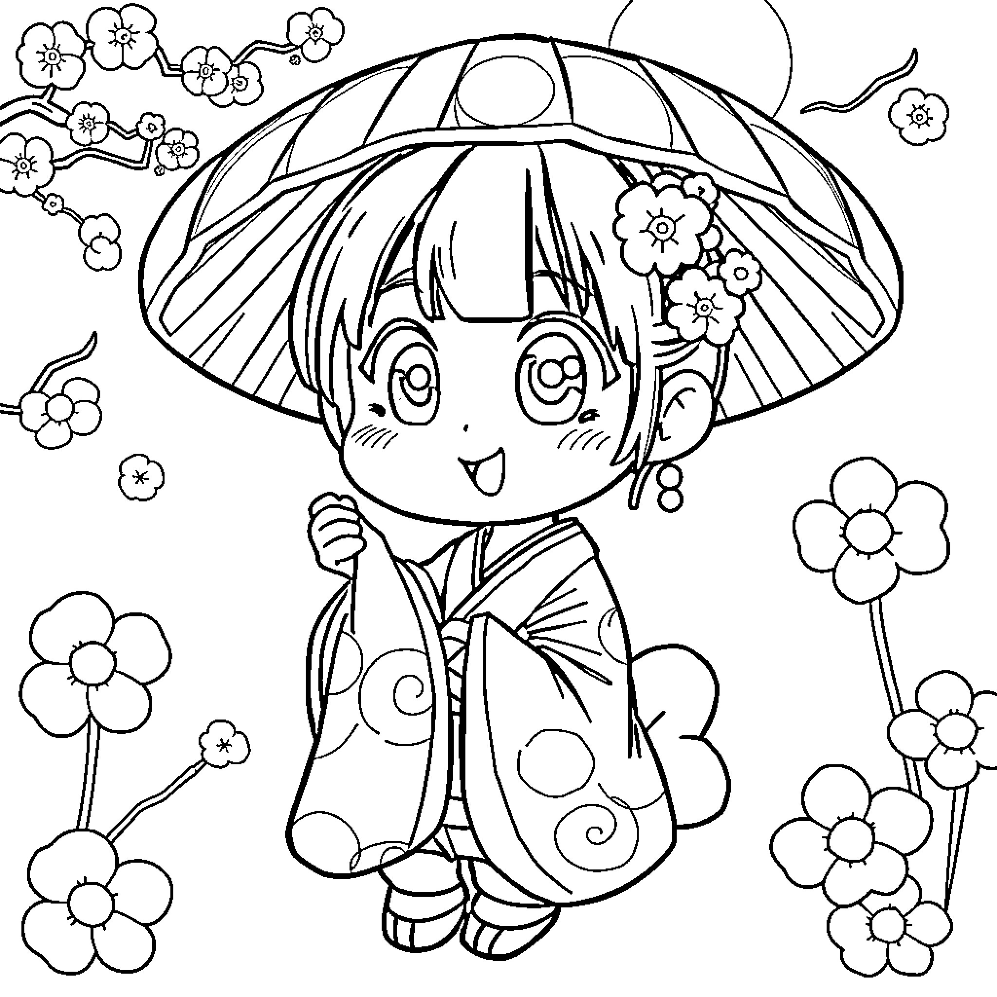 Nezuko in a Vibrant Floral Kimono Coloring Page (free black-and-white line drawing printable PDF for all, from beginners to advanced learners, including children, teens, adults, and seniors)