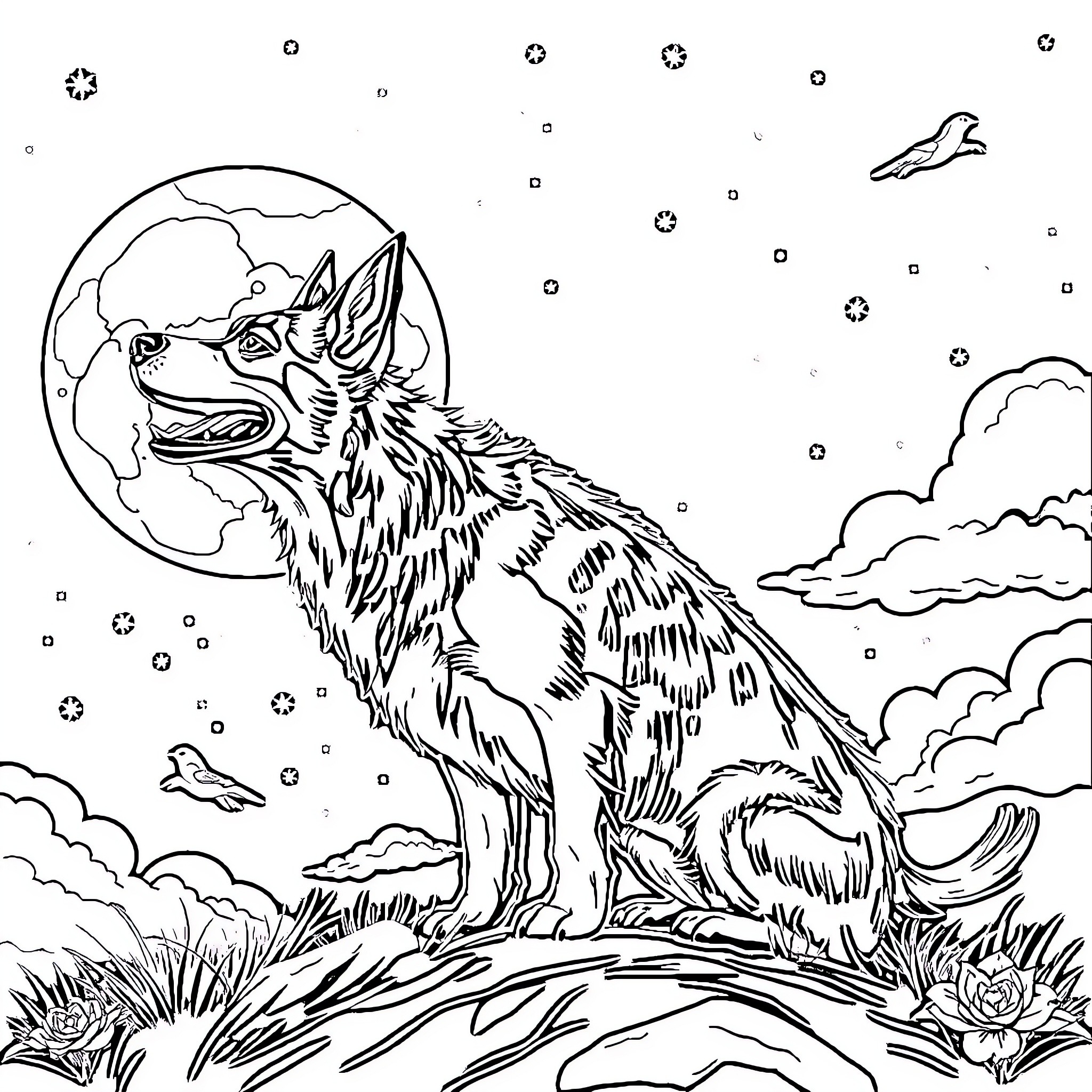 Perro howling at the moon in the night sky Coloring Page (free black-and-white line drawing printable PDF for all, from beginners to advanced learners, including children, teens, adults, and seniors)