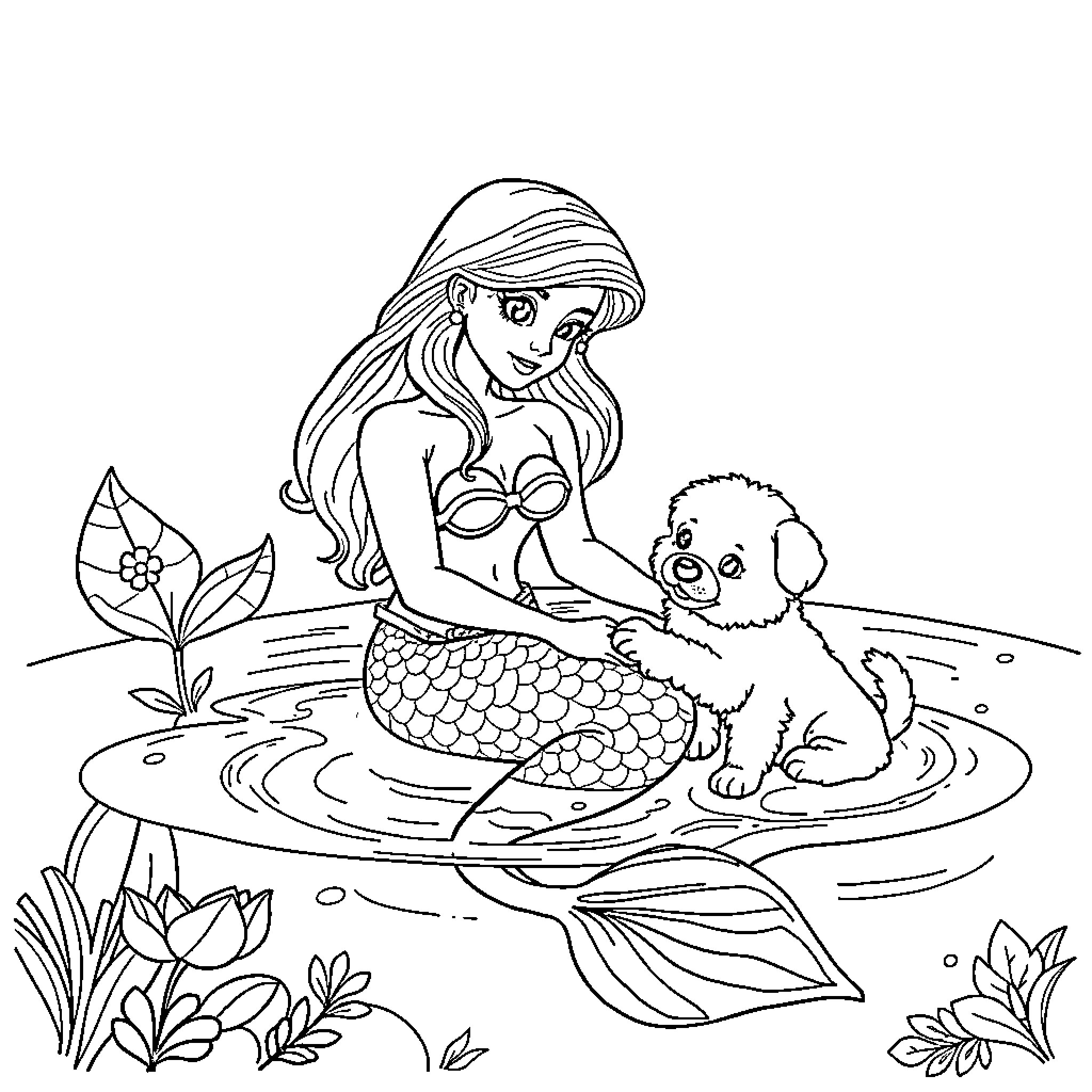 Mermaid relaxing with pet puppy in pond Coloring Page (free black-and-white line drawing printable PDF for all, from beginners to advanced learners, including children, teens, adults, and seniors)