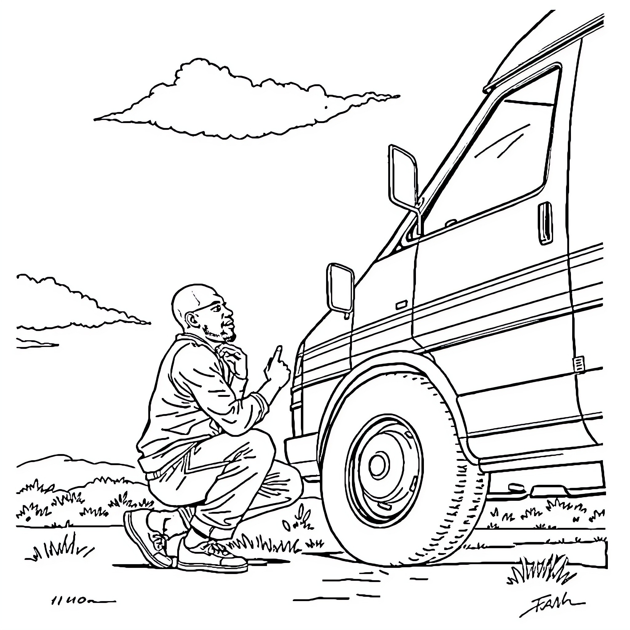 Magic Johnson admiring an old-fashioned pickup truck Coloring Page (free black-and-white line drawing printable PDF for all, from beginners to advanced learners, including children, teens, adults, and seniors)