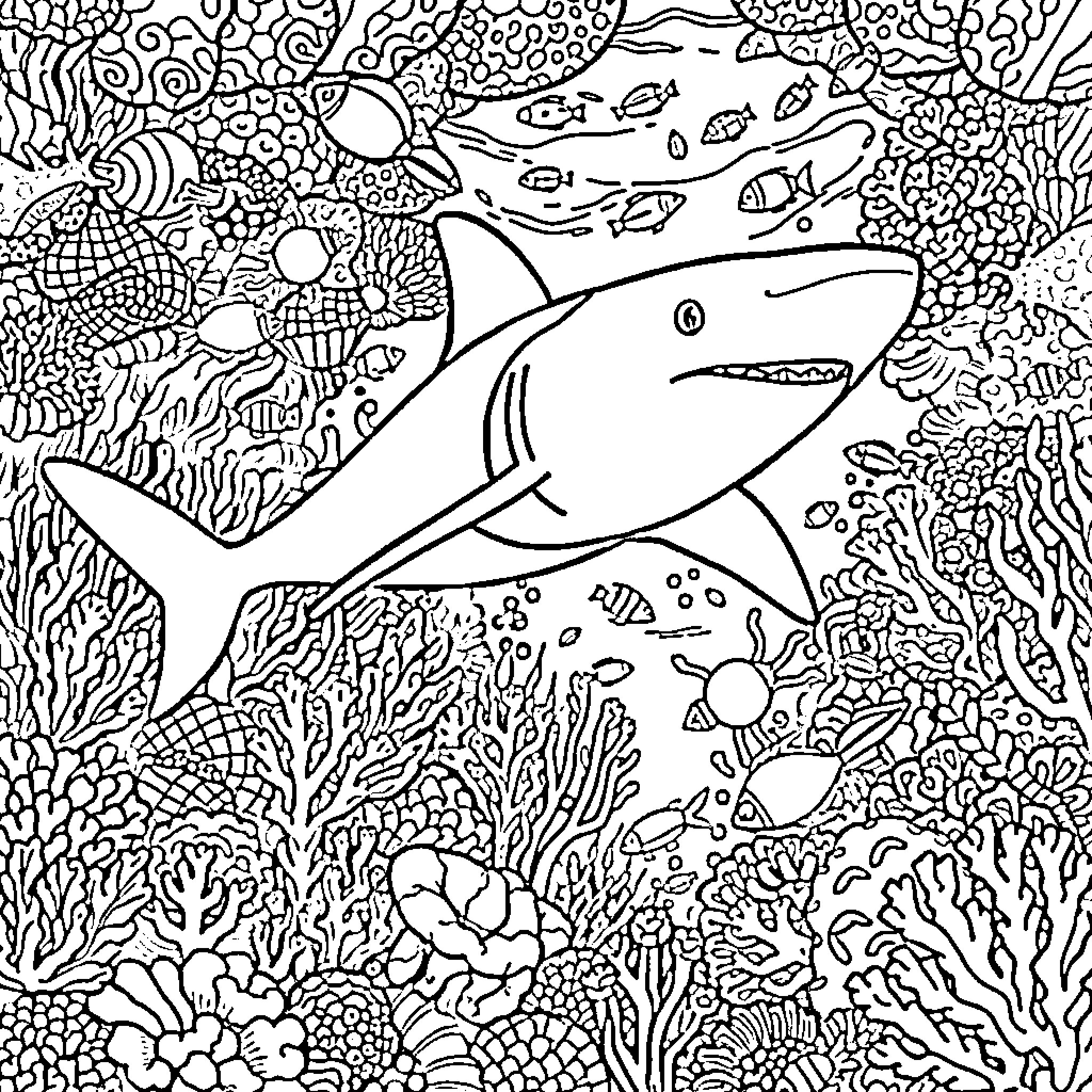 Shark swimming among vibrant coral reef Coloring Page (free black-and-white line drawing printable PDF for all, from beginners to advanced learners, including children, teens, adults, and seniors)