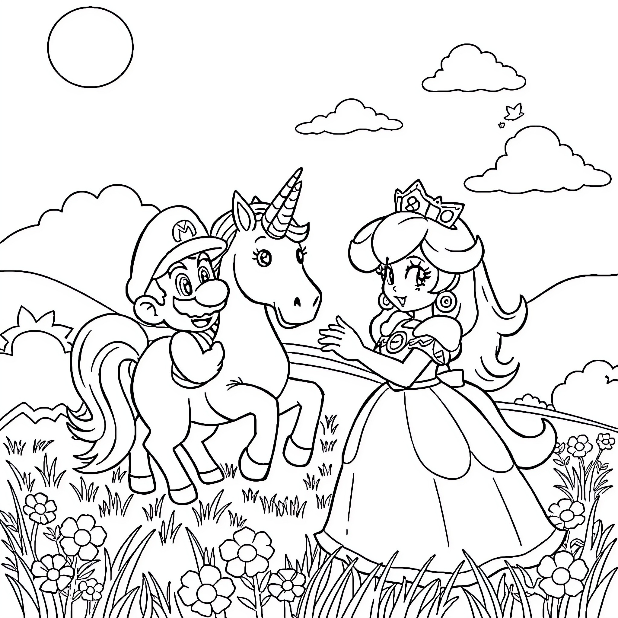 Unicorn and Princess enjoying scenic nature landscape Coloring Page (free black-and-white line drawing printable PDF for all, from beginners to advanced learners, including children, teens, adults, and seniors)