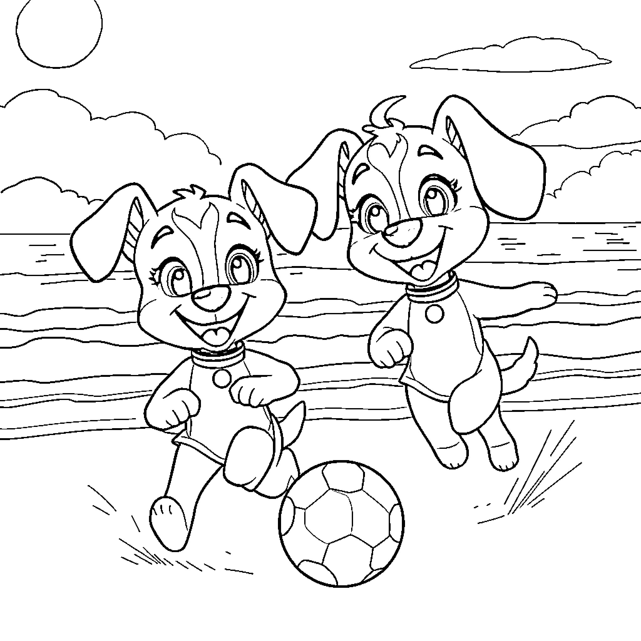 Bluey and friends playing with a soccer ball Coloring Page (free black-and-white line drawing printable PDF for all, from beginners to advanced learners, including children, teens, adults, and seniors)
