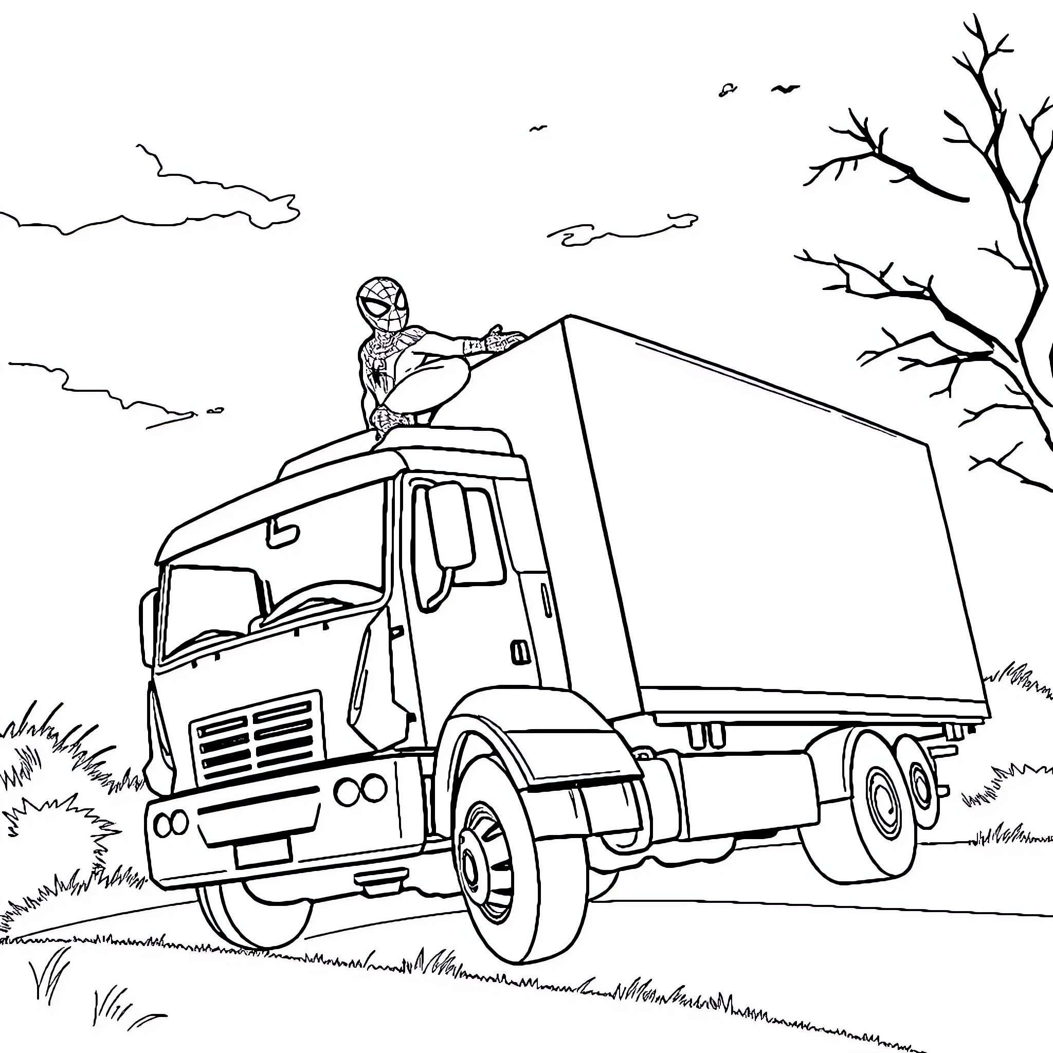 Truck with a worker on top in a natural landscape Coloring Page (free black-and-white line drawing printable PDF for all, from beginners to advanced learners, including children, teens, adults, and seniors)