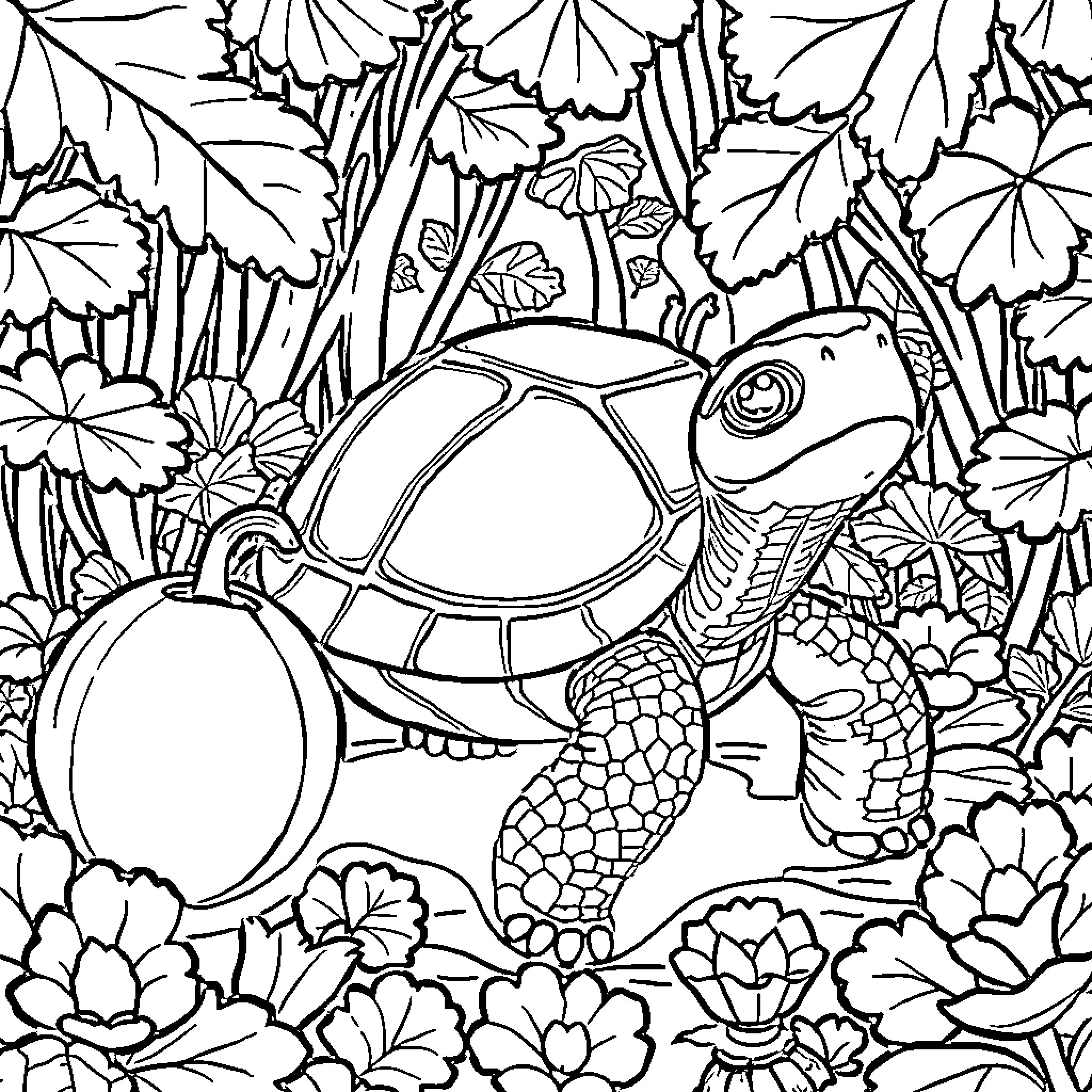 Turtle surrounded by lush foliage Coloring Page (free black-and-white line drawing printable PDF for all, from beginners to advanced learners, including children, teens, adults, and seniors)