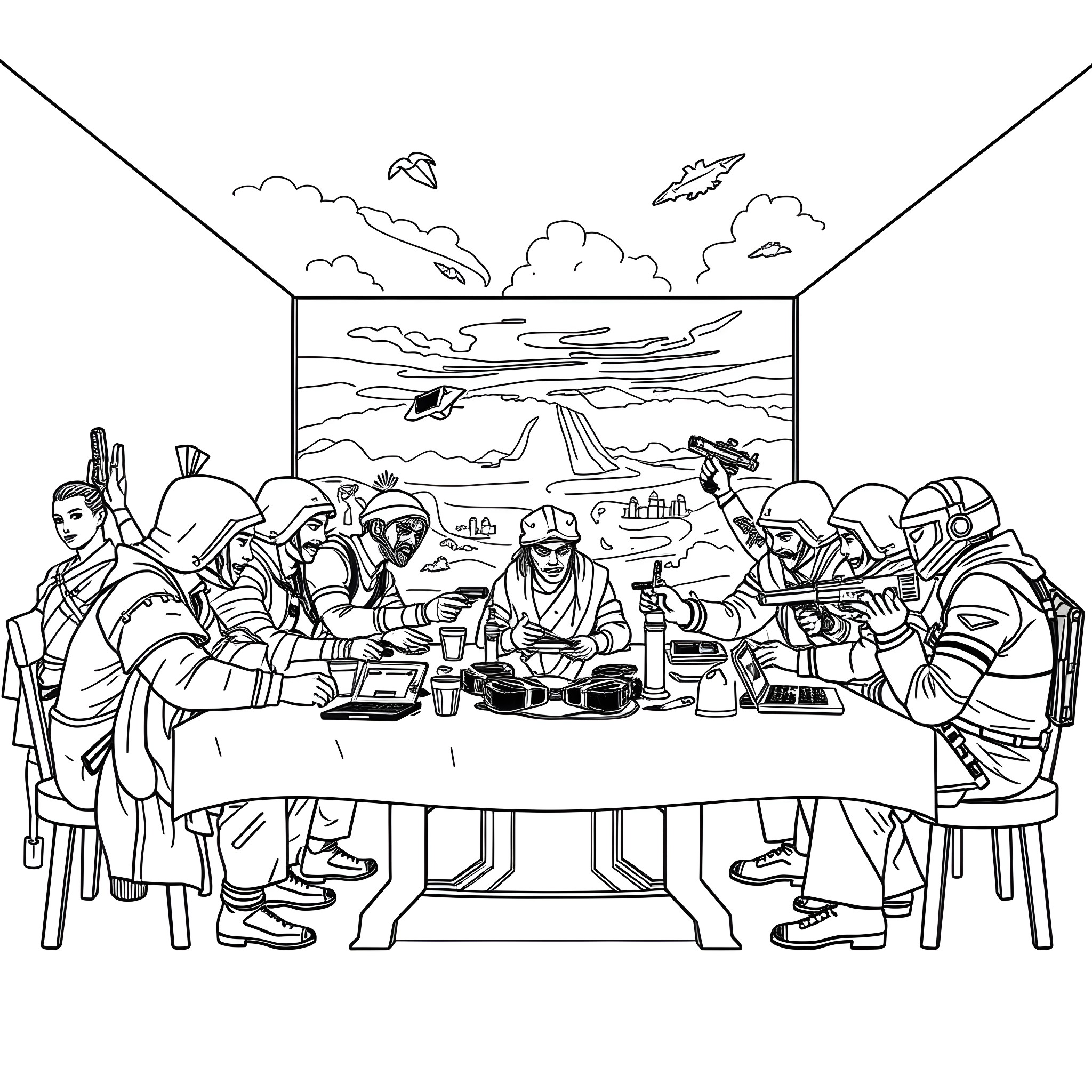 Fortnite characters gathered for a strategy meeting Coloring Page (free black-and-white line drawing printable PDF for all, from beginners to advanced learners, including children, teens, adults, and seniors)