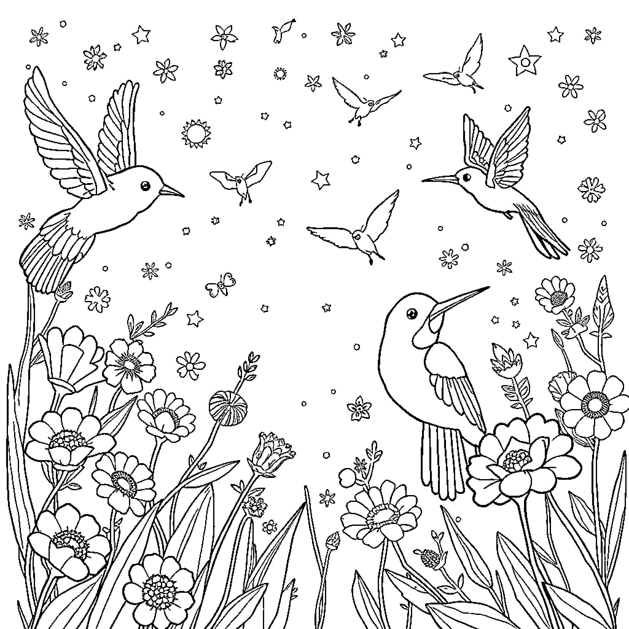 Sprechblase: Hummingbirds and Flowers in a Whimsical Scene Coloring Page (free black-and-white line drawing printable PDF for all, from beginners to advanced learners, including children, teens, adults, and seniors)