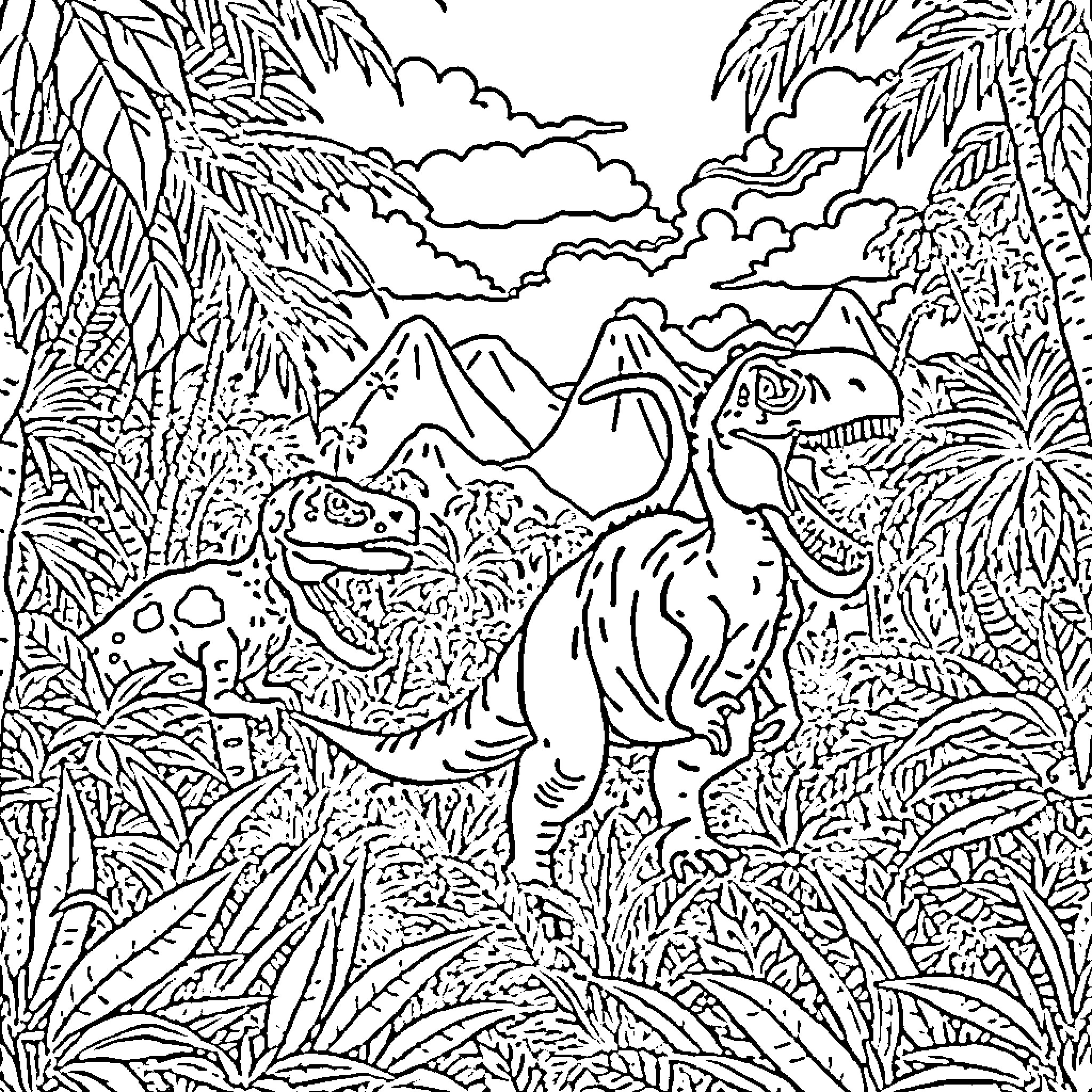 Dinosaur roaming in lush jungle landscape Coloring Page (free black-and-white line drawing printable PDF for all, from beginners to advanced learners, including children, teens, adults, and seniors)