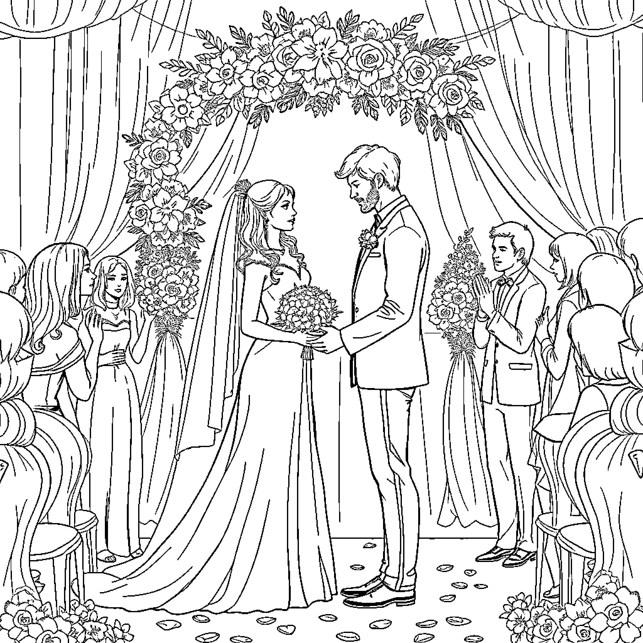 Caroline's Elegant Wedding Ceremony Coloring Page (free black-and-white line drawing printable PDF for all, from beginners to advanced learners, including children, teens, adults, and seniors)
