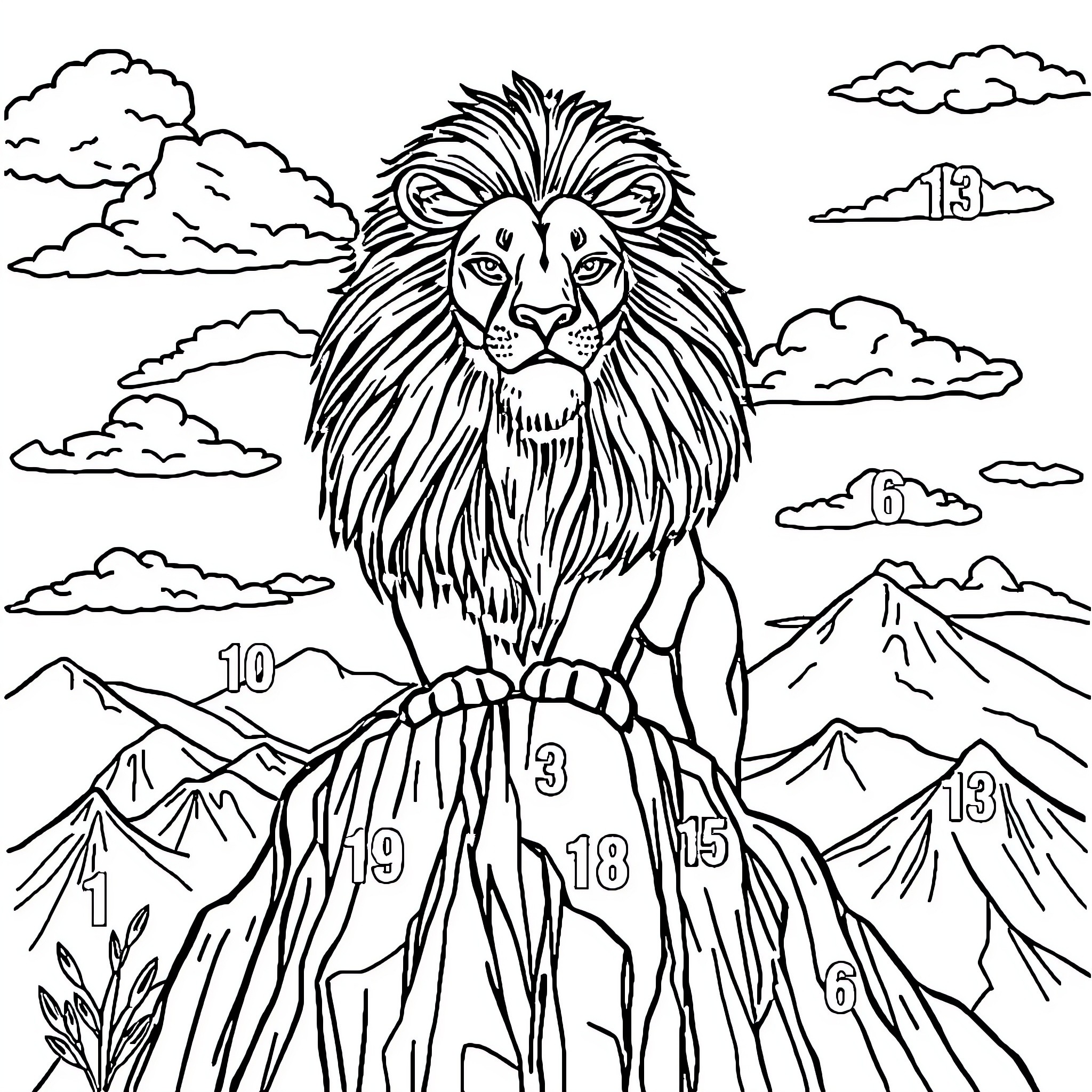 Lion surveying his kingdom in the mountainous landscape Coloring Page (free black-and-white line drawing printable PDF for all, from beginners to advanced learners, including children, teens, adults, and seniors)