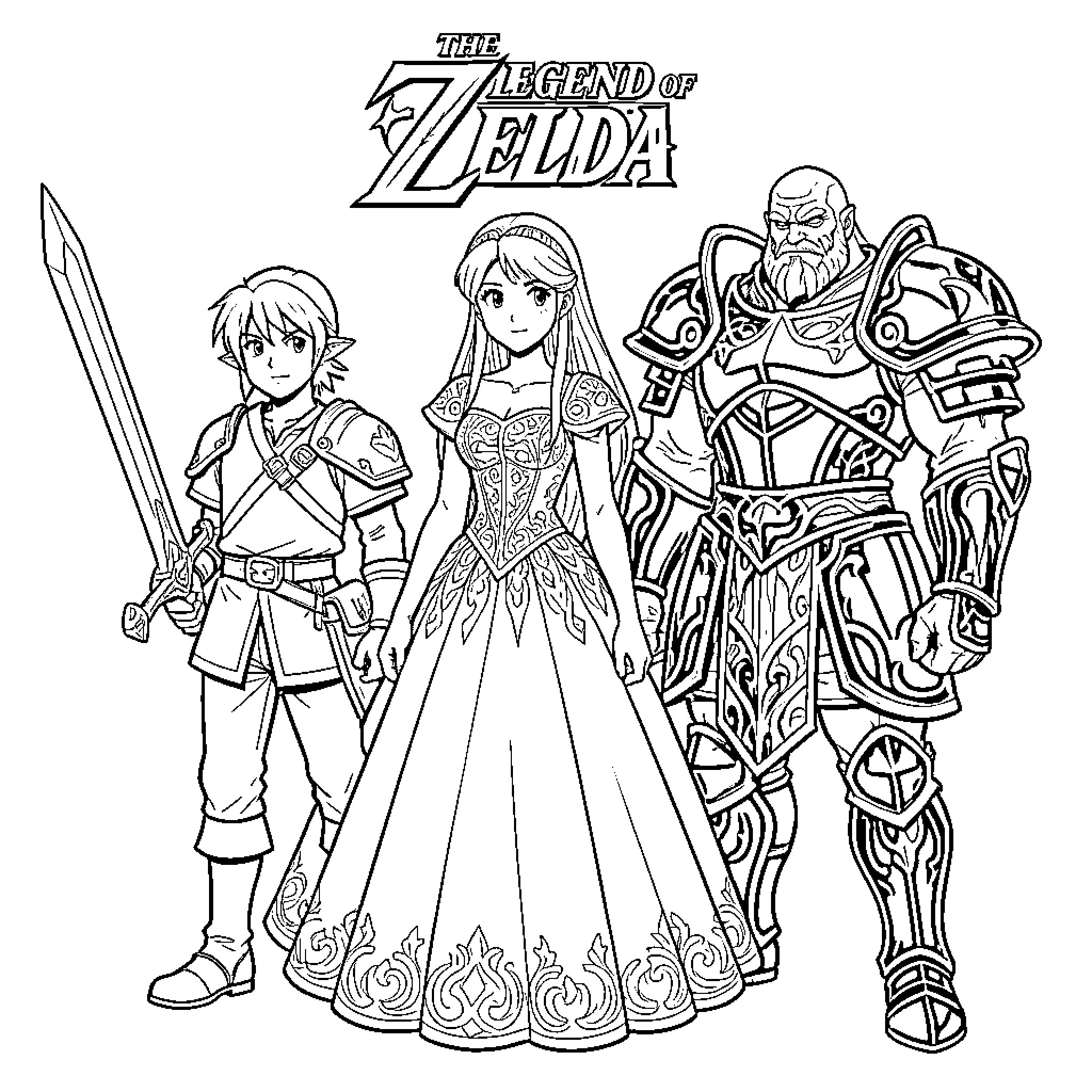 Legend of Zelda Characters in Heroic Poses Coloring Page (free black-and-white line drawing printable PDF for all, from beginners to advanced learners, including children, teens, adults, and seniors)