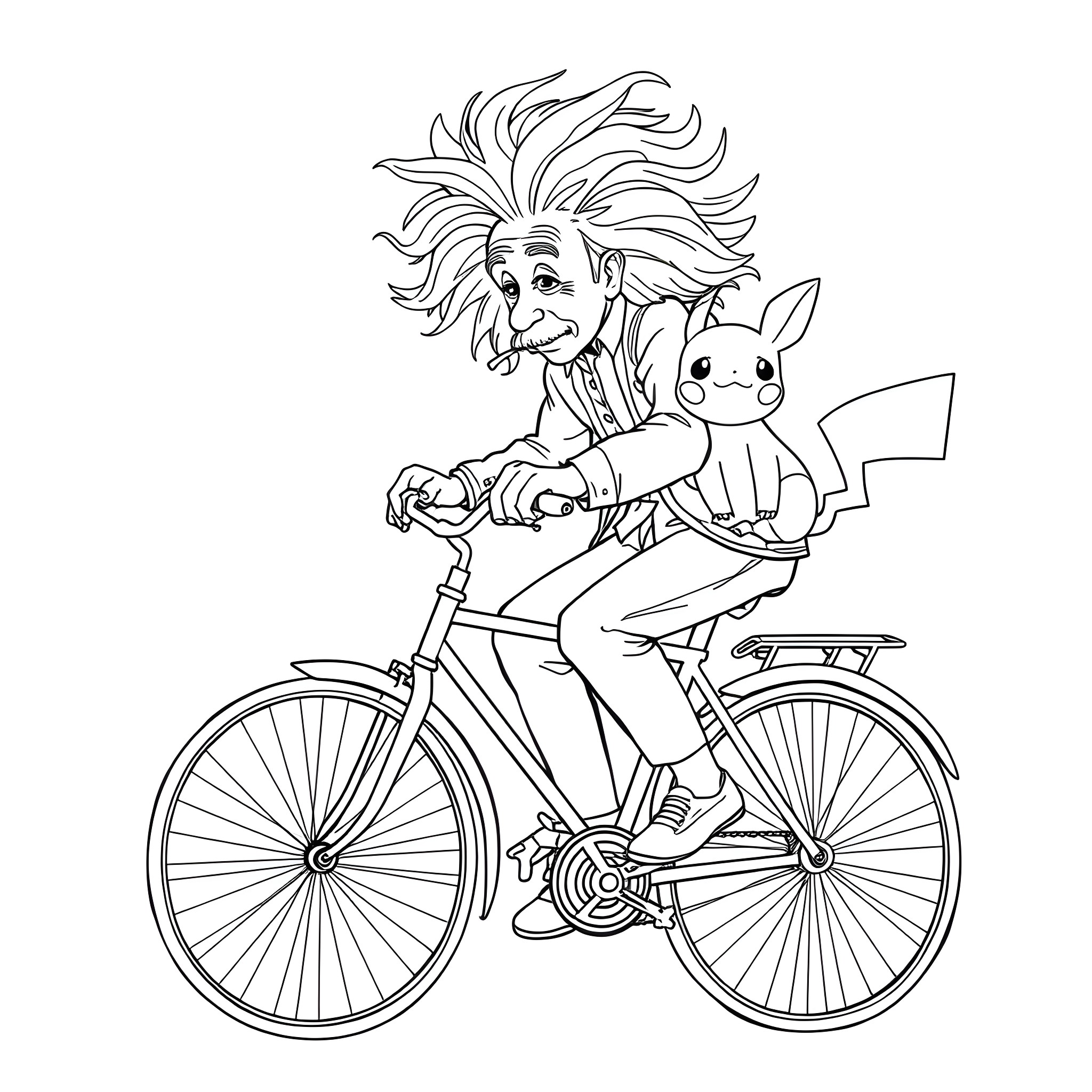 Einstein riding a bicycle with a Pikachu companion Coloring Page (free black-and-white line drawing printable PDF for all, from beginners to advanced learners, including children, teens, adults, and seniors)