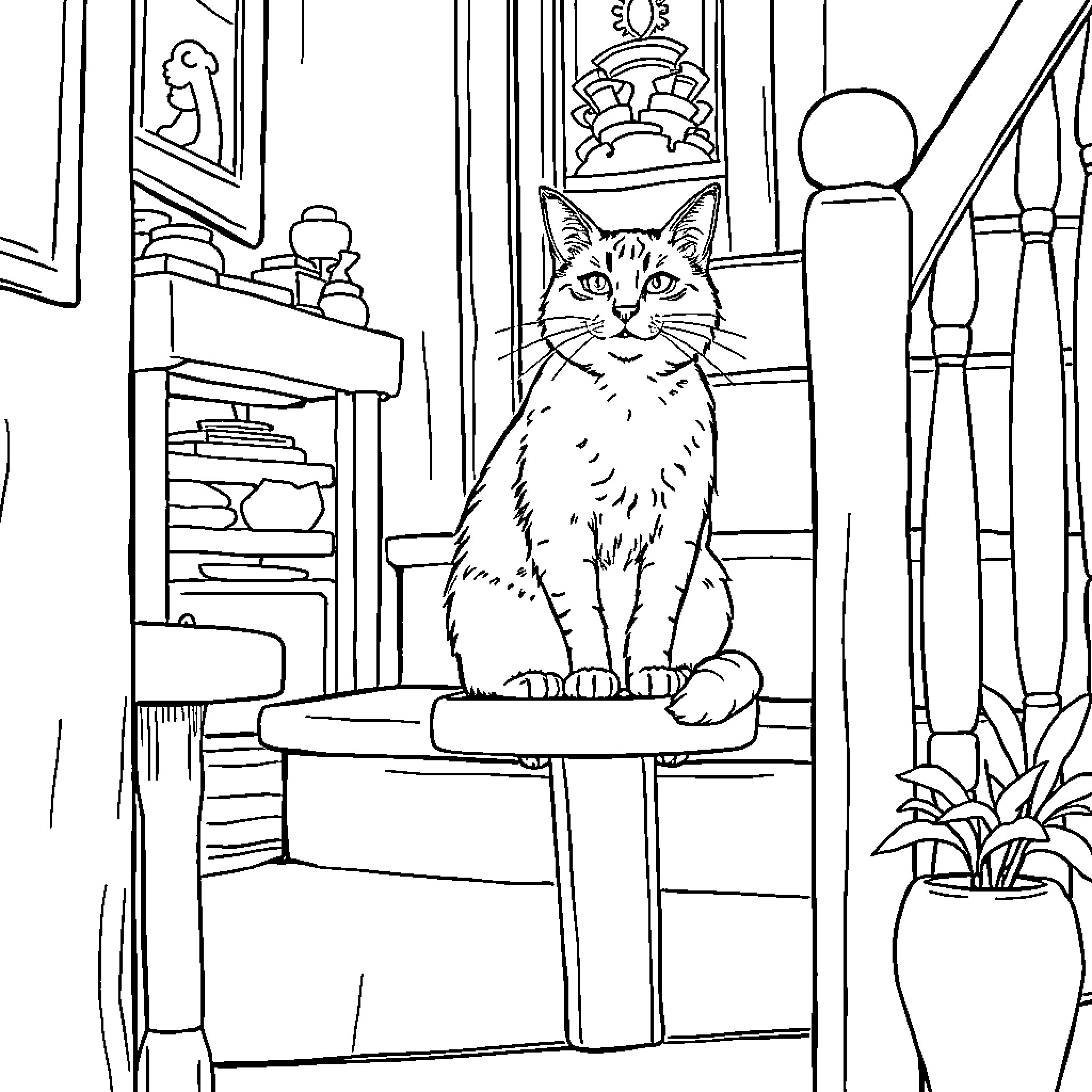 Cat exploring cozy indoor scene Coloring Page (free black-and-white line drawing printable PDF for all, from beginners to advanced learners, including children, teens, adults, and seniors)