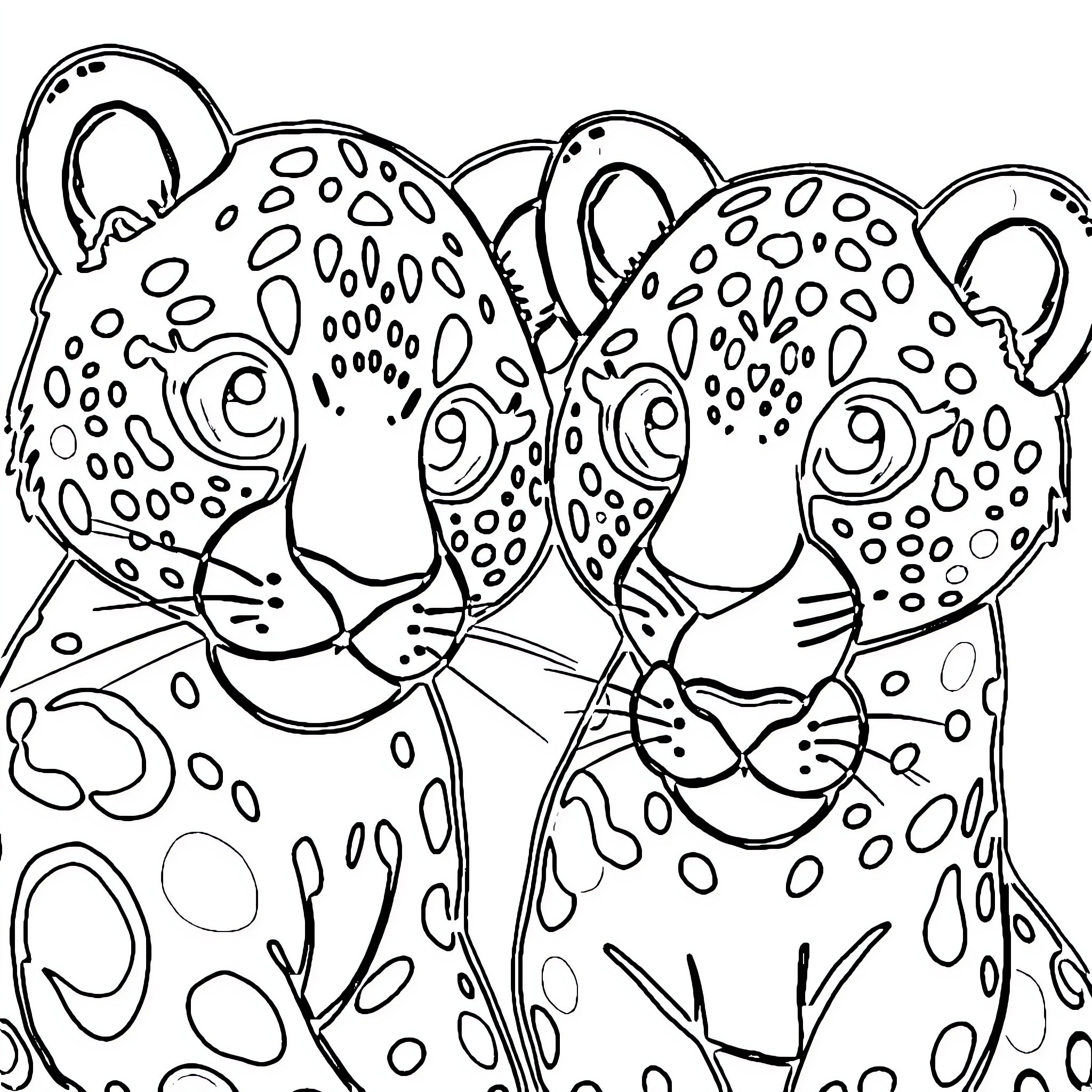 Leopard duo in patterned sketch Coloring Page (free black-and-white line drawing printable PDF for all, from beginners to advanced learners, including children, teens, adults, and seniors)