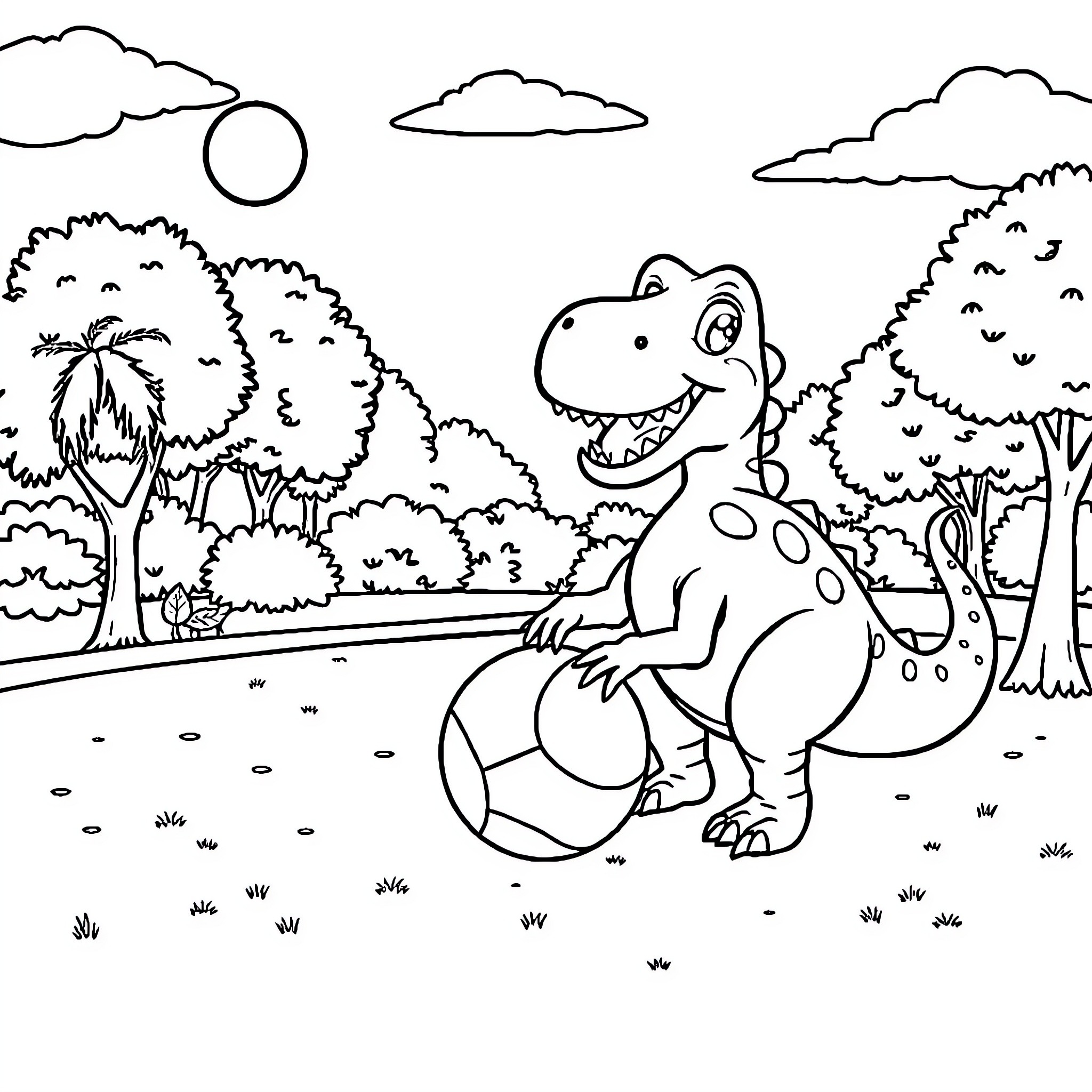 Dinosaur playing in a lush forest landscape Coloring Page (free black-and-white line drawing printable PDF for all, from beginners to advanced learners, including children, teens, adults, and seniors)