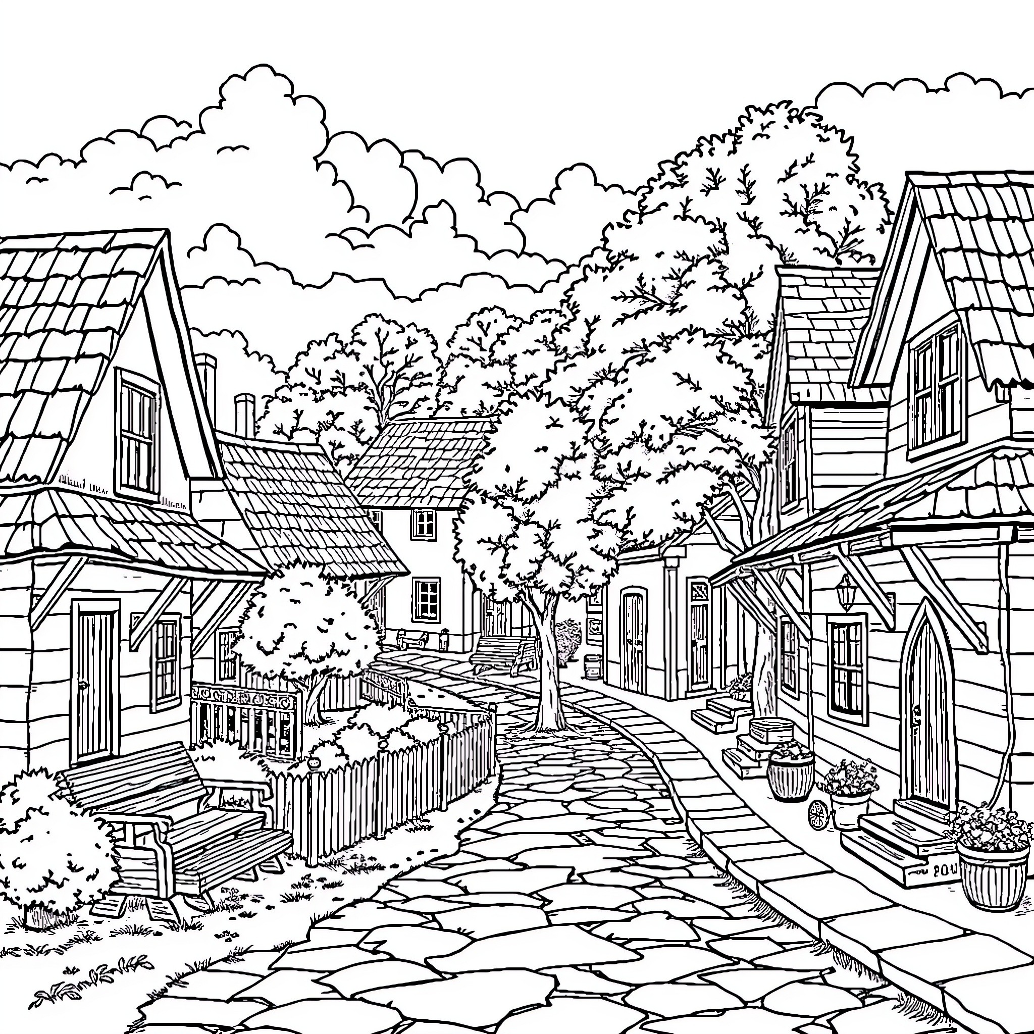 Sociedad: Charming Village Life in Monochrome Coloring Page (free black-and-white line drawing printable PDF for all, from beginners to advanced learners, including children, teens, adults, and seniors)