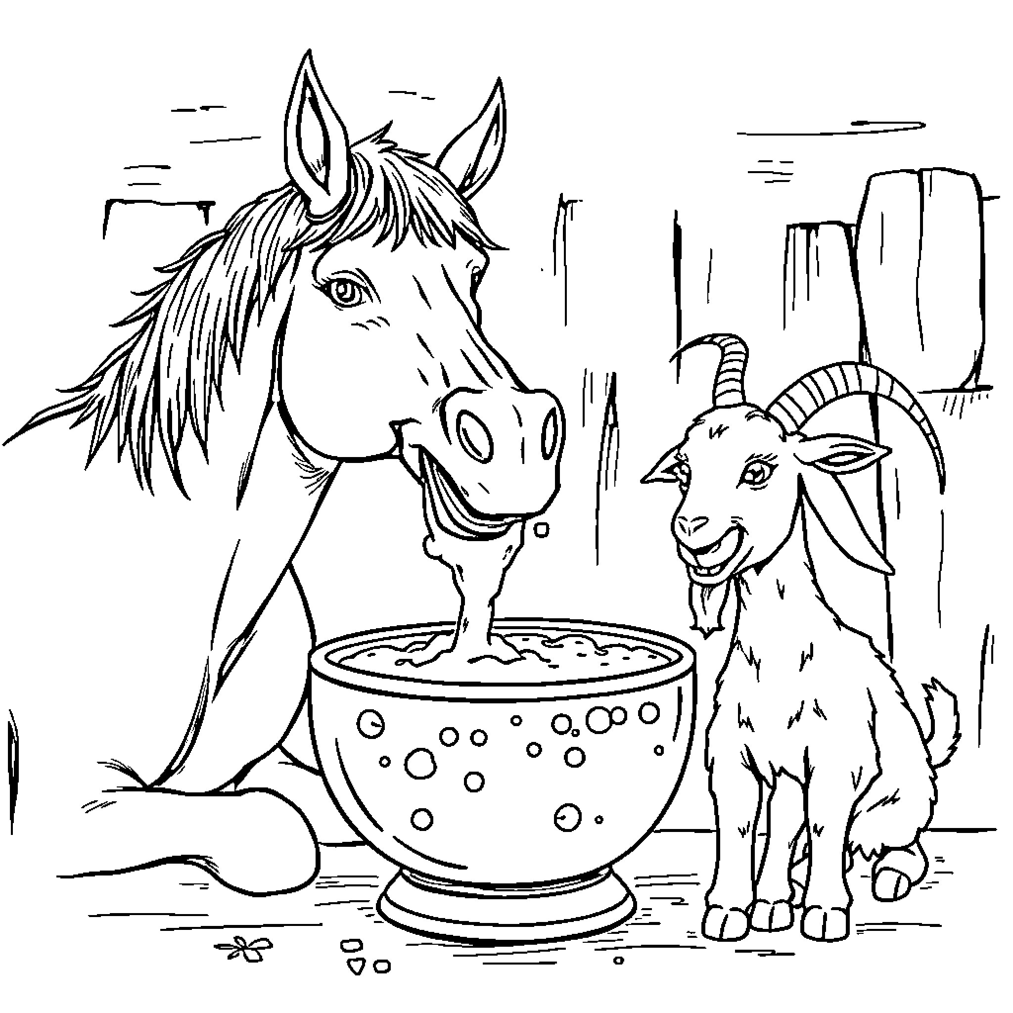 Horse and Goat Sharing a Bowl Coloring Page (free black-and-white line drawing printable PDF for all, from beginners to advanced learners, including children, teens, adults, and seniors)