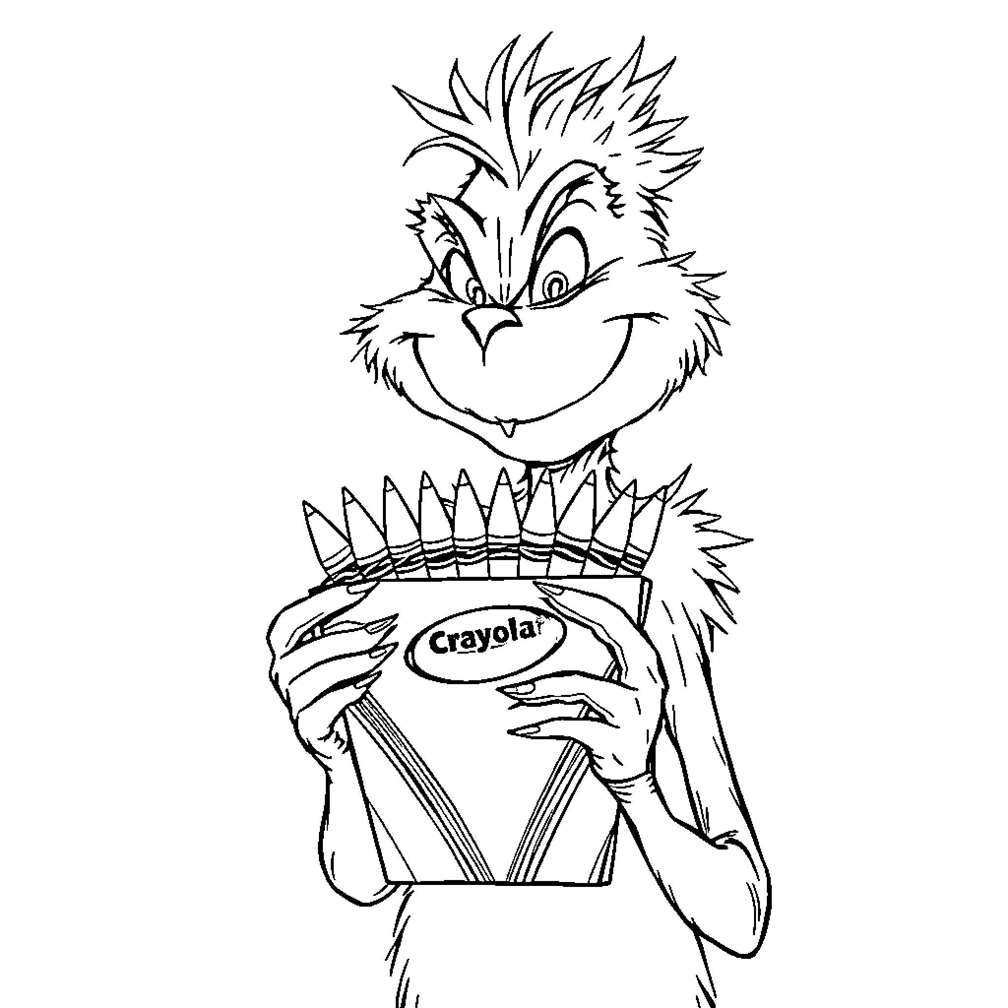 Grinch gleefully holding Crayola crayons Coloring Page (free black-and-white line drawing printable PDF for all, from beginners to advanced learners, including children, teens, adults, and seniors)