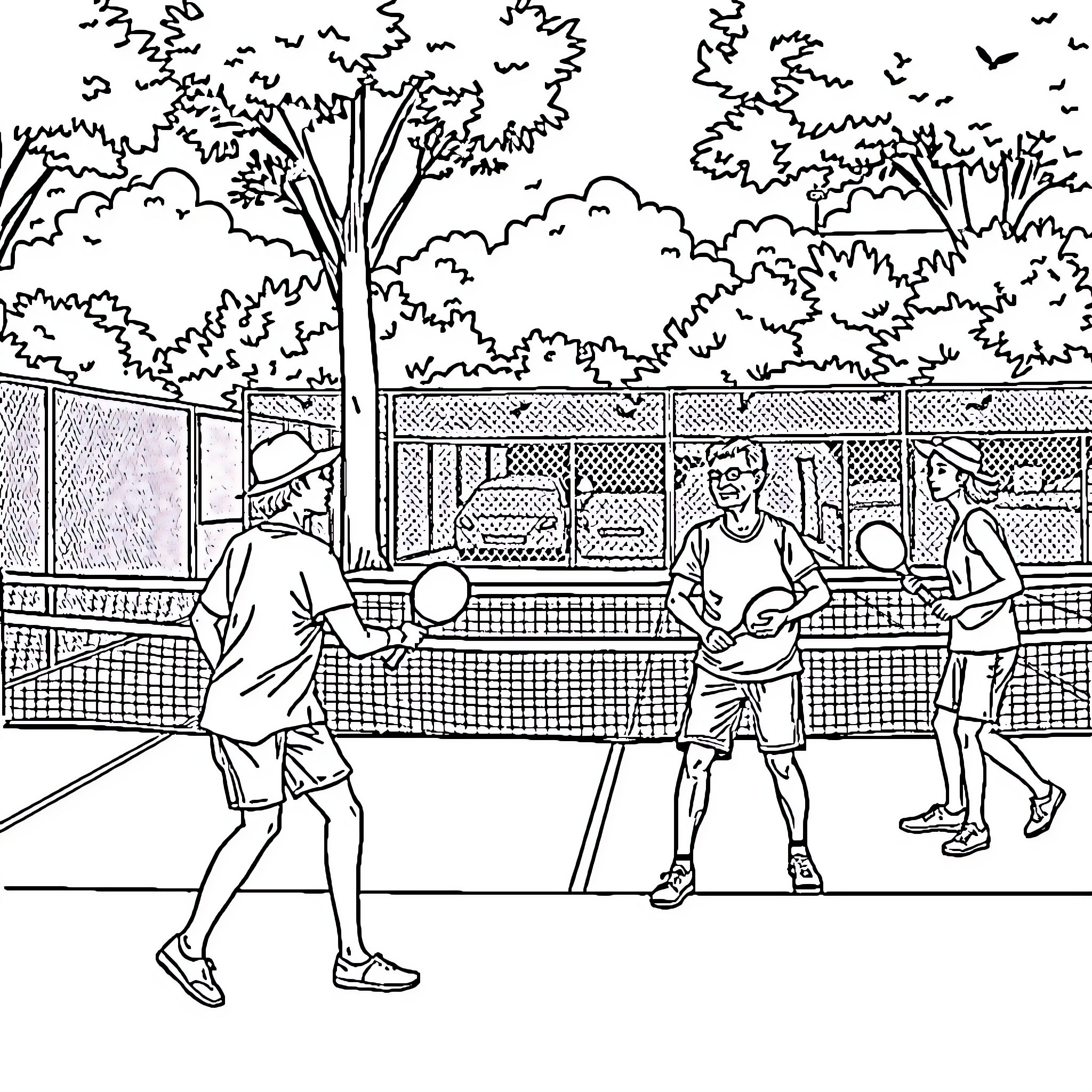 Pickleball players enjoying an outdoor match Coloring Page (free black-and-white line drawing printable PDF for all, from beginners to advanced learners, including children, teens, adults, and seniors)