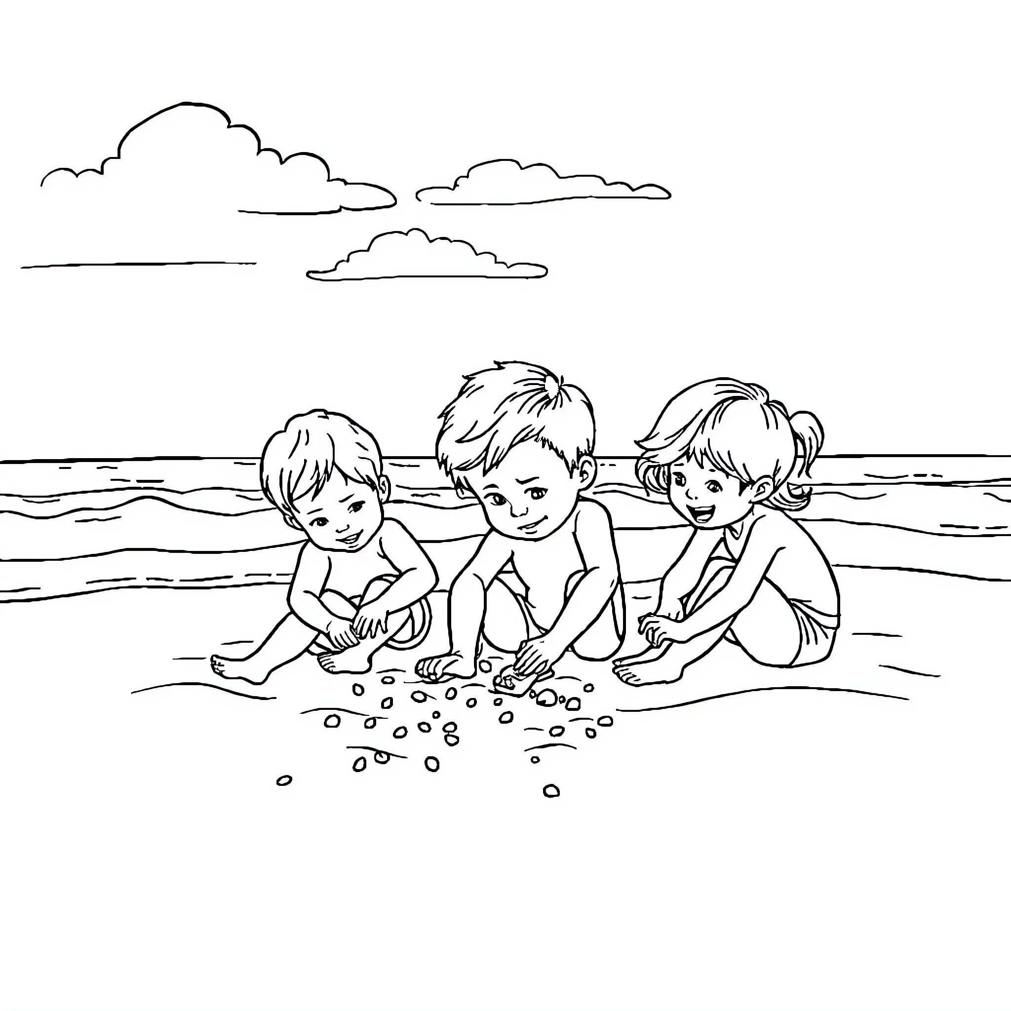 Kids playing joyfully on the beach Coloring Page (free black-and-white line drawing printable PDF for all, from beginners to advanced learners, including children, teens, adults, and seniors)