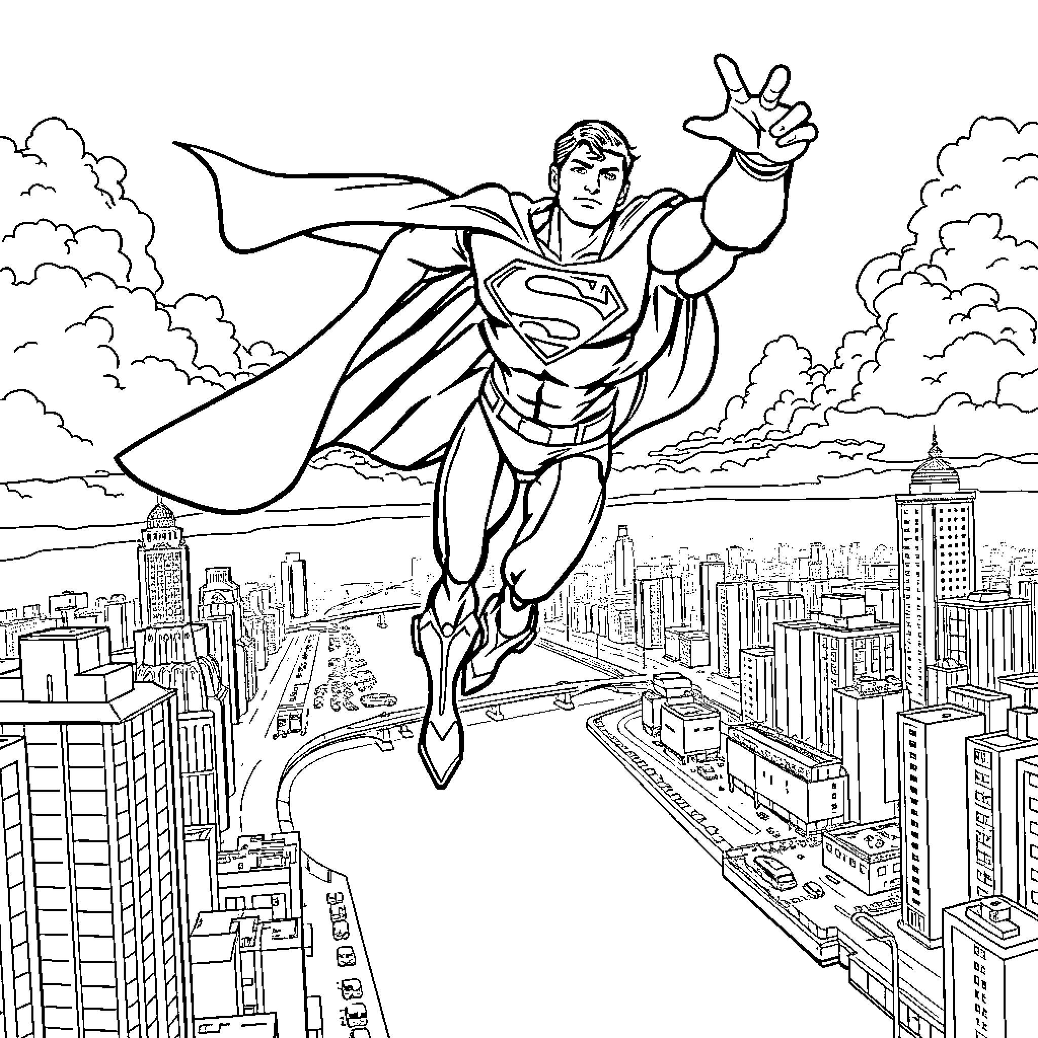 Superman flying heroically over the city Coloring Page (free black-and-white line drawing printable PDF for all, from beginners to advanced learners, including children, teens, adults, and seniors)