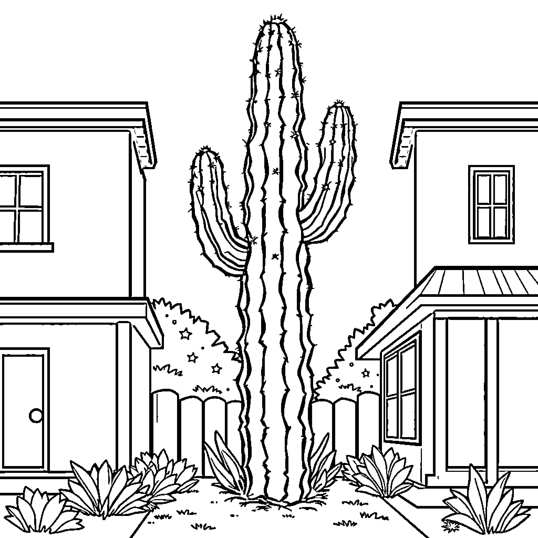 Cactus standing tall amidst architectural structures Coloring Page (free black-and-white line drawing printable PDF for all, from beginners to advanced learners, including children, teens, adults, and seniors)